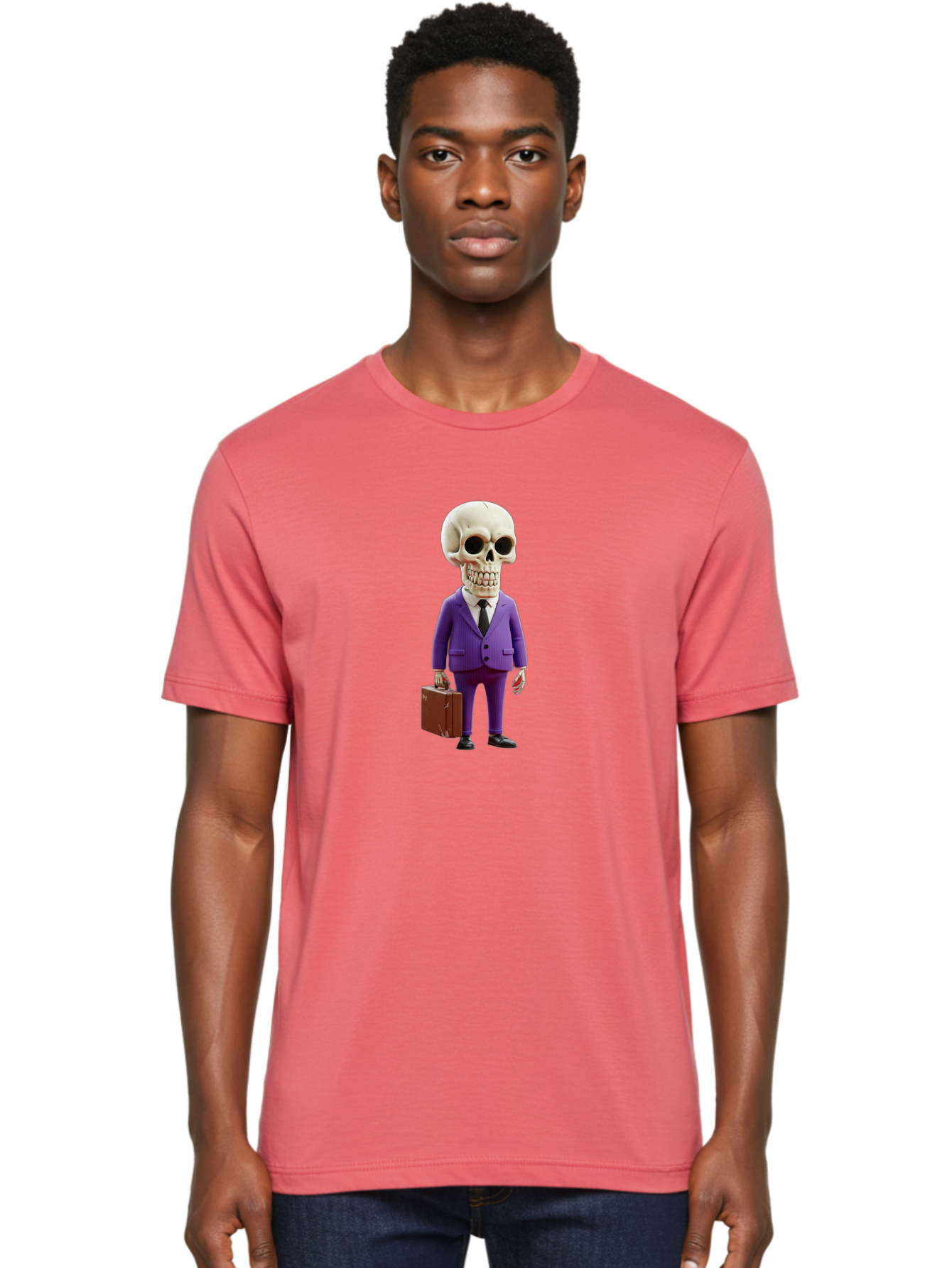 Skull-In-Suit-1 Men'S Graphic Tee, 100% Cotton, Comfortable Casual Summer Wear, Machine Washable, Skeleton In Purple Suit, Briefcase In Hand, Corporate Attire, Skeleton Character, Business Skull, Formal Wear, Human Skull, Office Setting, Bad590 27