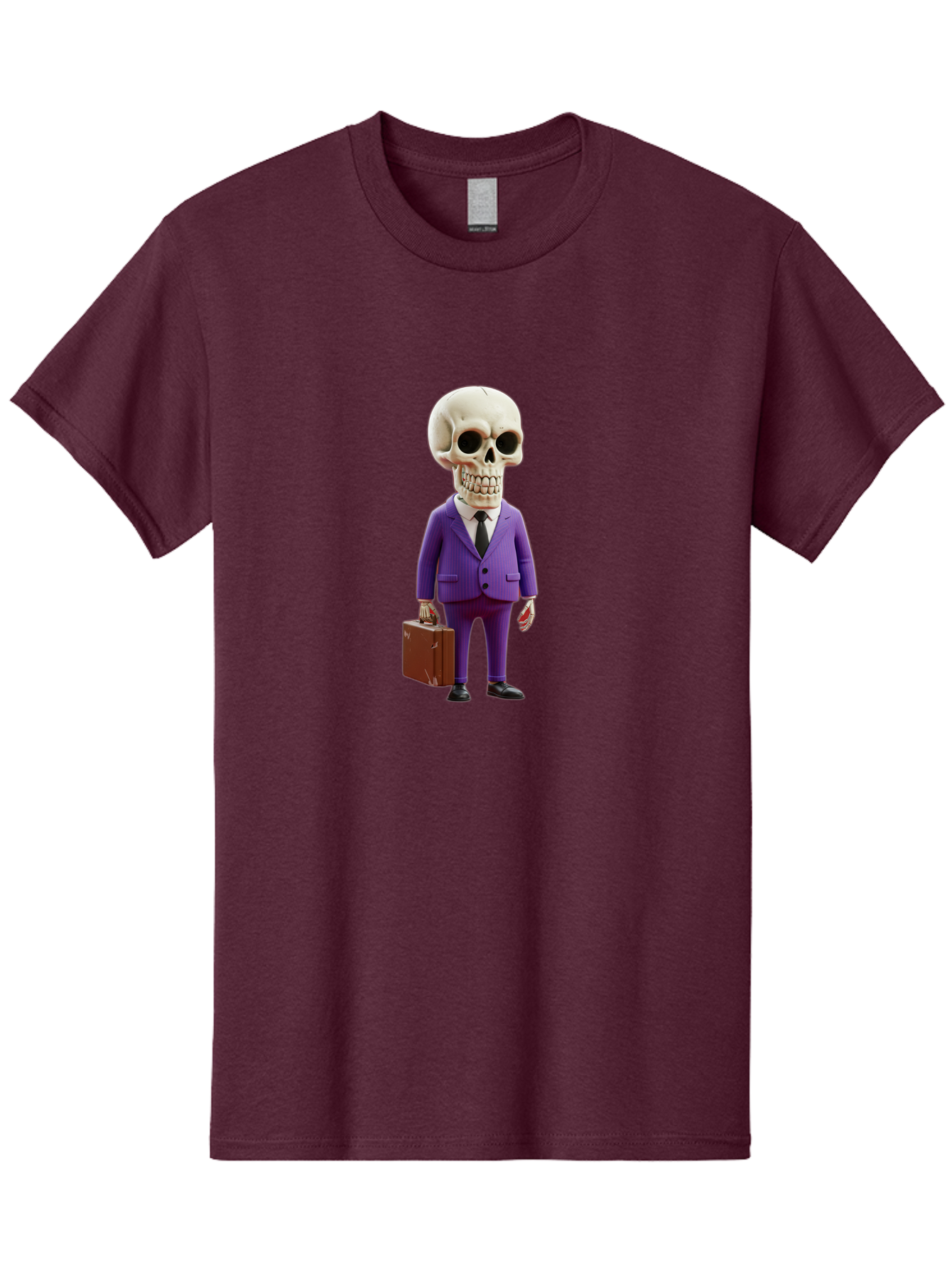 Skull-In-Suit-1 Men'S Graphic Tee, 100% Cotton, Comfortable Casual Summer Wear, Machine Washable, Skeleton In Purple Suit, Briefcase In Hand, Corporate Attire, Skeleton Character, Business Skull, Formal Wear, Human Skull, Office Setting, Bad590 13