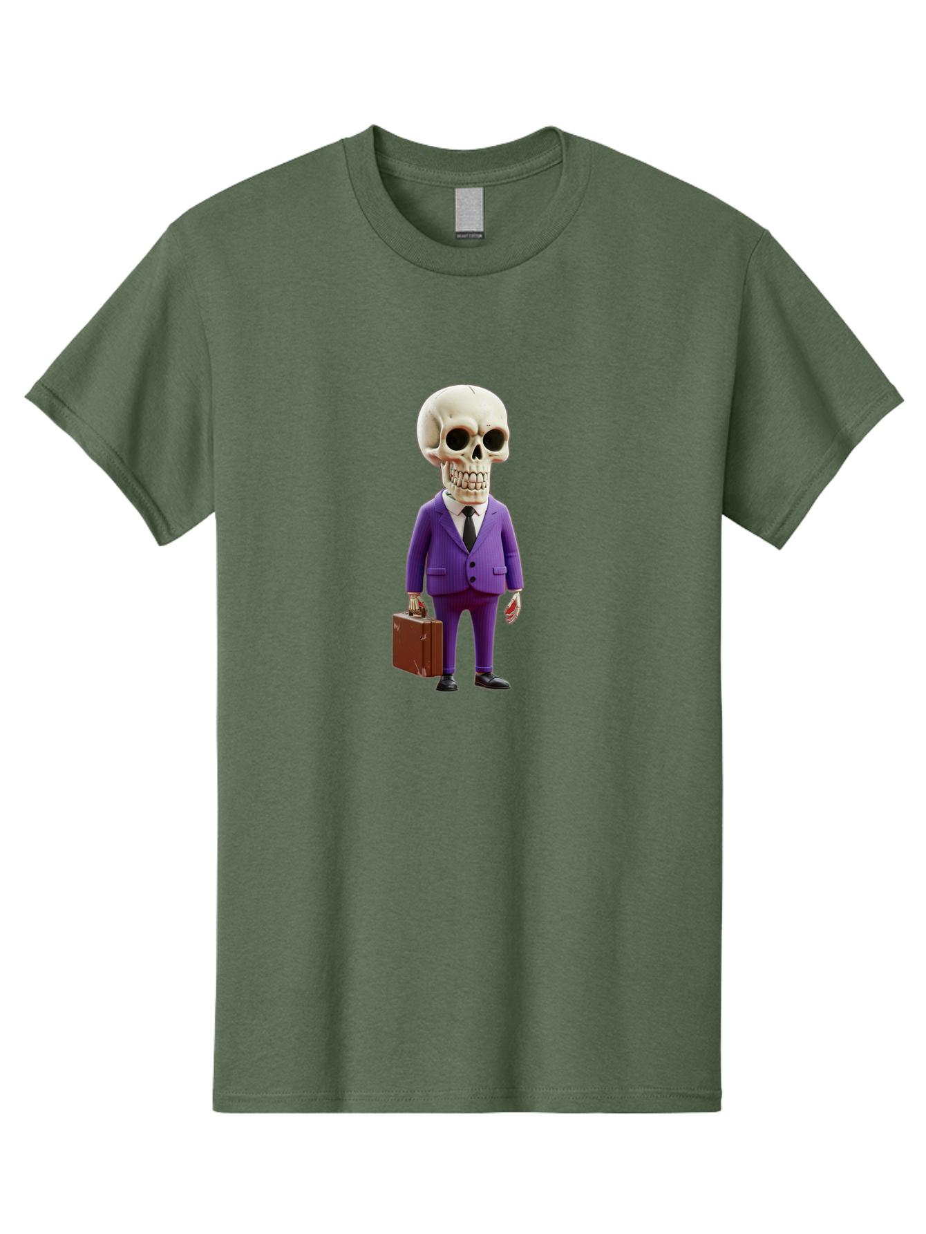 Skull-In-Suit-1 Men'S Graphic Tee, 100% Cotton, Comfortable Casual Summer Wear, Machine Washable, Skeleton In Purple Suit, Briefcase In Hand, Corporate Attire, Skeleton Character, Business Skull, Formal Wear, Human Skull, Office Setting, Bad590 11