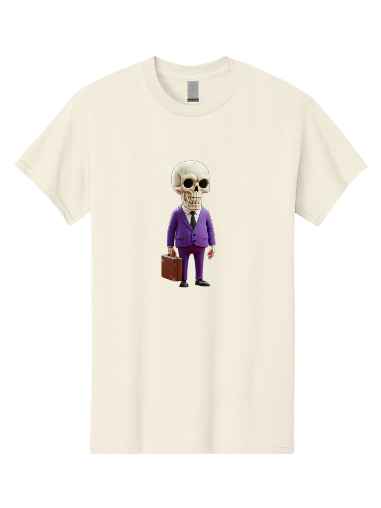 Skull-In-Suit-1 Men'S Graphic Tee, 100% Cotton, Comfortable Casual Summer Wear, Machine Washable, Skeleton In Purple Suit, Briefcase In Hand, Corporate Attire, Skeleton Character, Business Skull, Formal Wear, Human Skull, Office Setting, Bad590 15