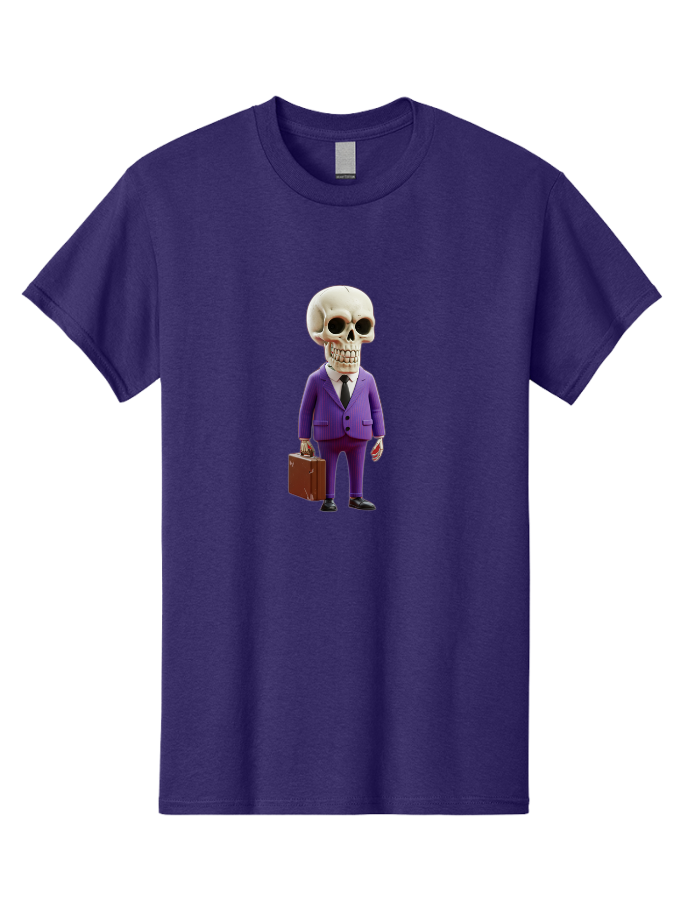 Skull-In-Suit-1 Men'S Graphic Tee, 100% Cotton, Comfortable Casual Summer Wear, Machine Washable, Skeleton In Purple Suit, Briefcase In Hand, Corporate Attire, Skeleton Character, Business Skull, Formal Wear, Human Skull, Office Setting, Bad590 4