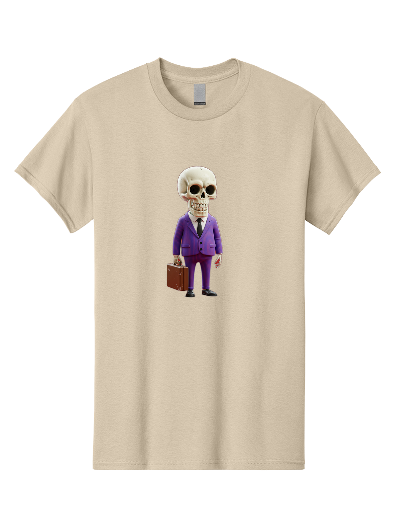 Skull-In-Suit-1 Men'S Graphic Tee, 100% Cotton, Comfortable Casual Summer Wear, Machine Washable, Skeleton In Purple Suit, Briefcase In Hand, Corporate Attire, Skeleton Character, Business Skull, Formal Wear, Human Skull, Office Setting, Bad590 3
