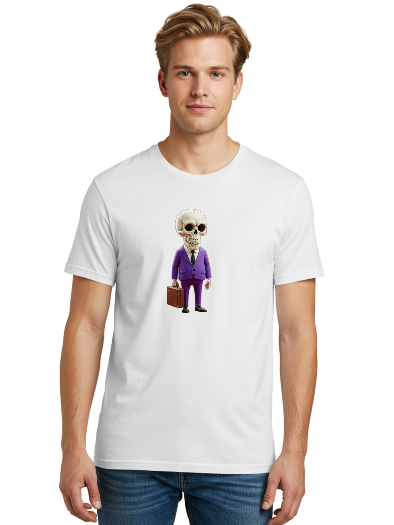 Skull-In-Suit-1 Men'S Graphic Tee, 100% Cotton, Comfortable Casual Summer Wear, Machine Washable, Skeleton In Purple Suit, Briefcase In Hand, Corporate Attire, Skeleton Character, Business Skull, Formal Wear, Human Skull, Office Setting, Bad590 17