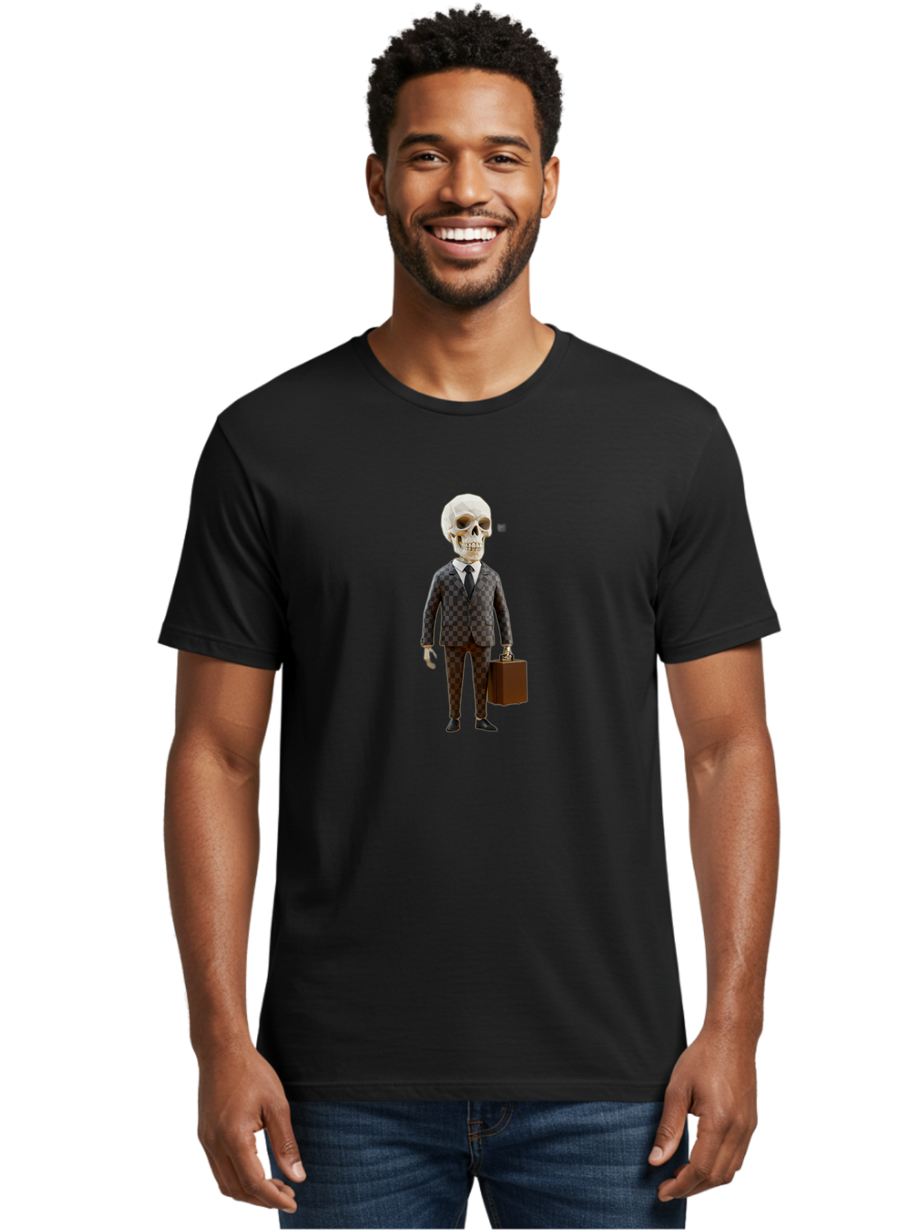 Skull-In-Suit-2 Men'S Graphic Tee, 100% Cotton, Comfortable Casual Summer Wear, Machine Washable, Skeleton In Business Attire, Checkered Suit, Briefcase, Black Tie, White Shirt, Formal Wear, Spooky Skeleton, Business Professional, Bad591 21