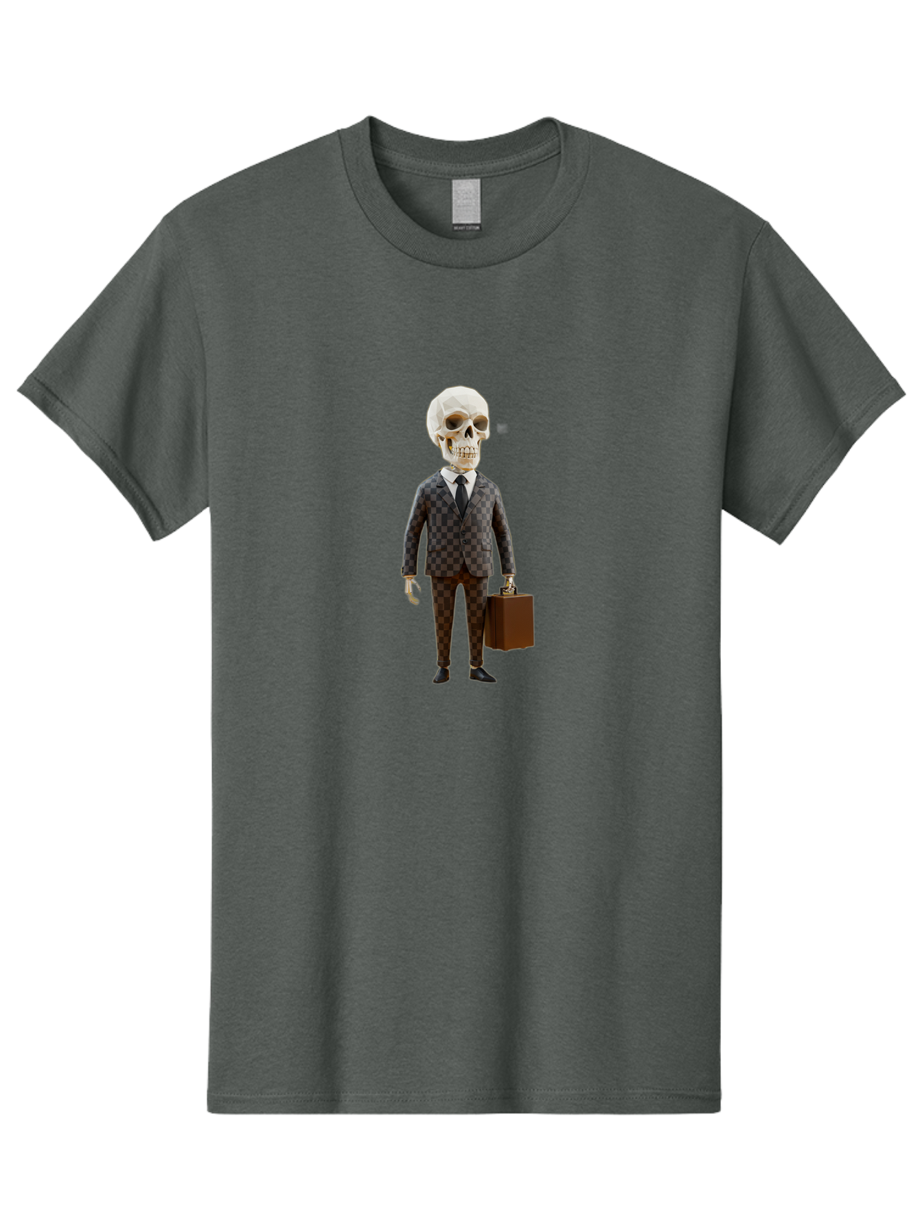 Skull-In-Suit-2 Men'S Graphic Tee, 100% Cotton, Comfortable Casual Summer Wear, Machine Washable, Skeleton In Business Attire, Checkered Suit, Briefcase, Black Tie, White Shirt, Formal Wear, Spooky Skeleton, Business Professional, Bad591 12