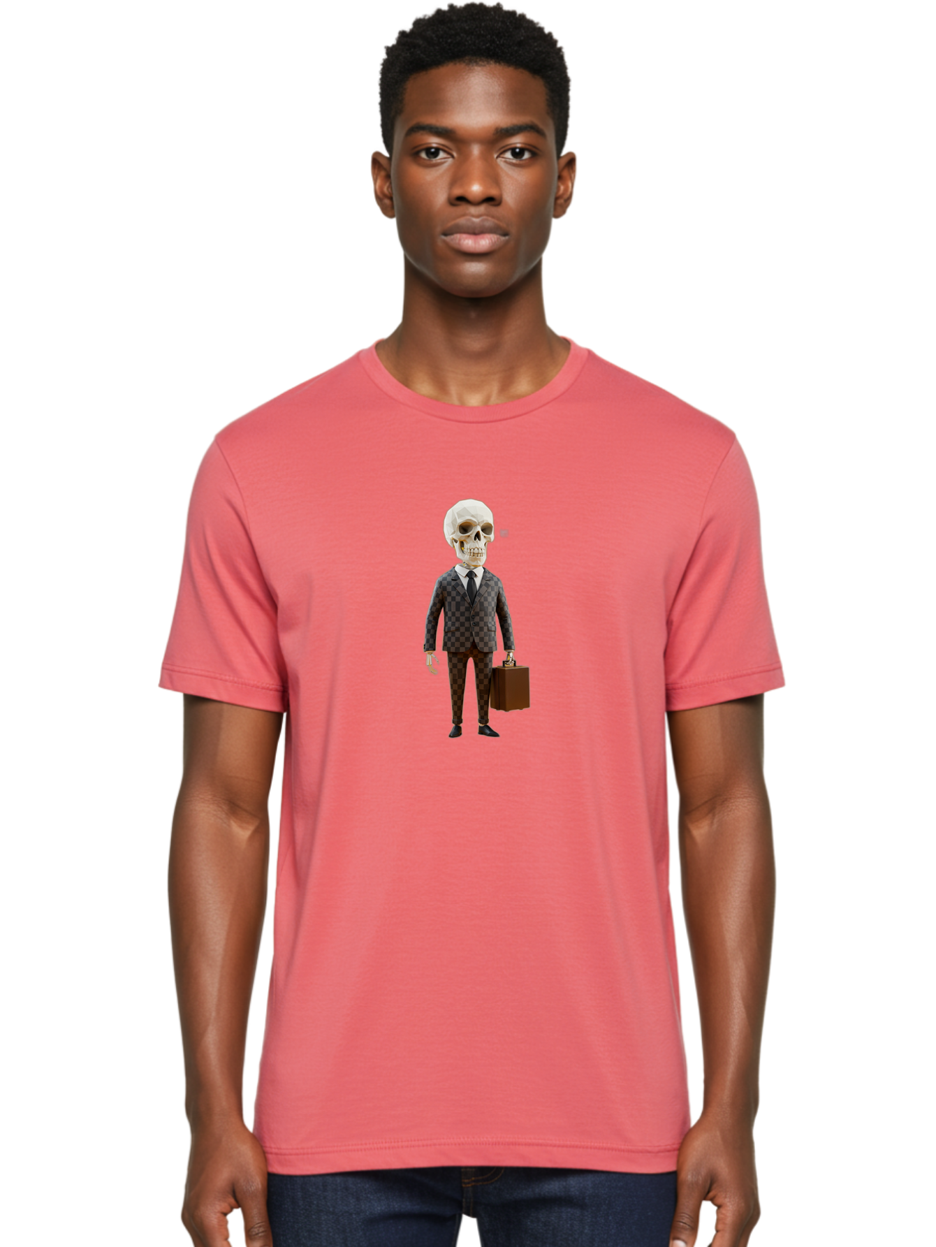 Skull-In-Suit-2 Men'S Graphic Tee, 100% Cotton, Comfortable Casual Summer Wear, Machine Washable, Skeleton In Business Attire, Checkered Suit, Briefcase, Black Tie, White Shirt, Formal Wear, Spooky Skeleton, Business Professional, Bad591 17