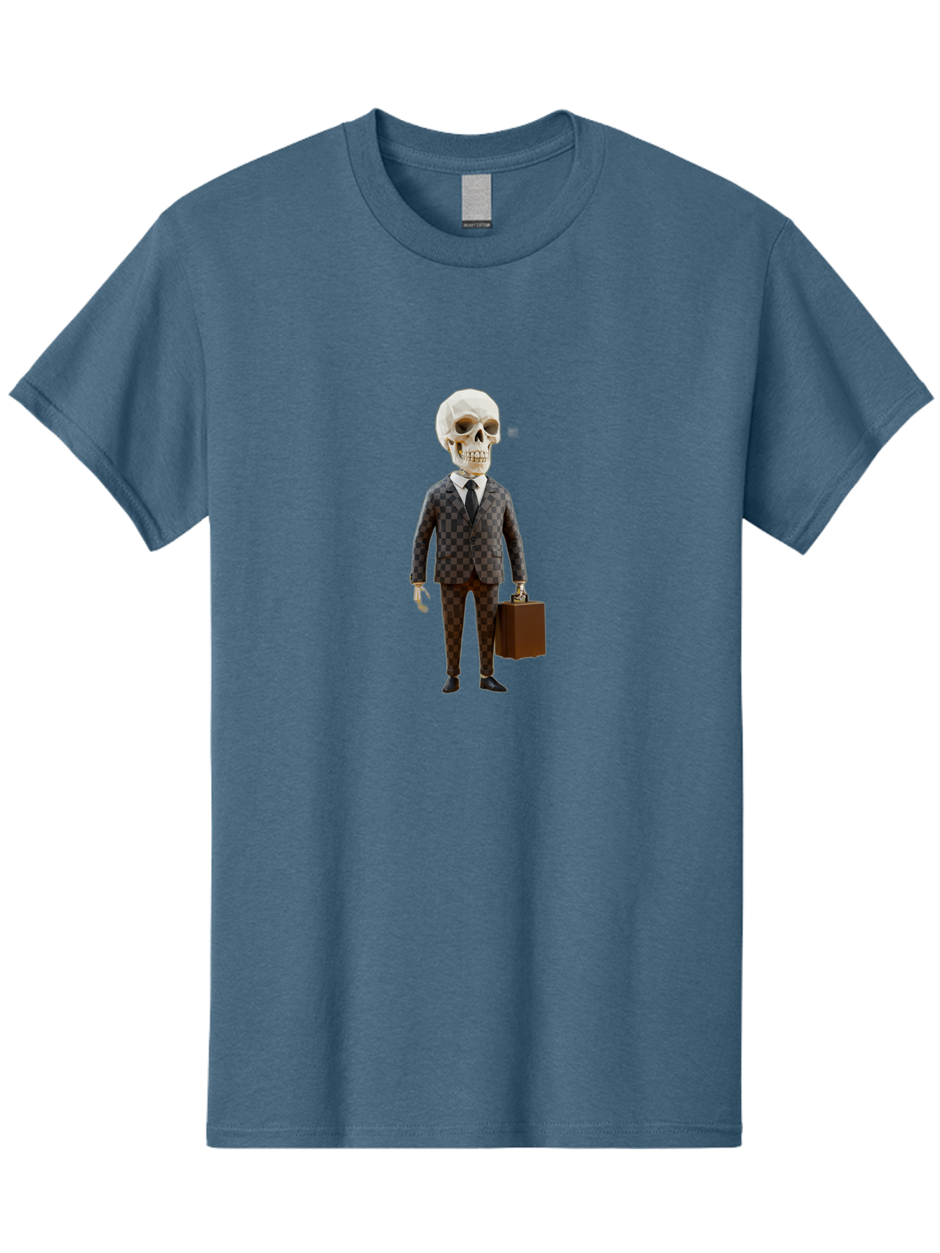 Skull-In-Suit-2 Men'S Graphic Tee, 100% Cotton, Comfortable Casual Summer Wear, Machine Washable, Skeleton In Business Attire, Checkered Suit, Briefcase, Black Tie, White Shirt, Formal Wear, Spooky Skeleton, Business Professional, Bad591 4