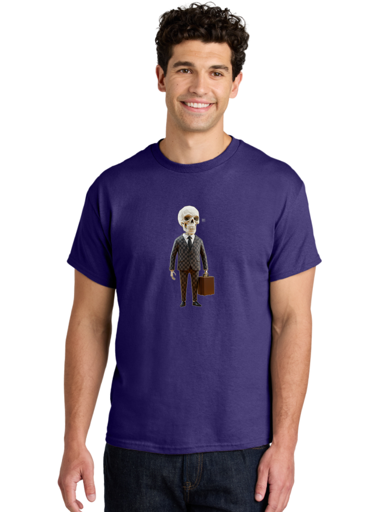 Skull-In-Suit-2 Men'S Graphic Tee, 100% Cotton, Comfortable Casual Summer Wear, Machine Washable, Skeleton In Business Attire, Checkered Suit, Briefcase, Black Tie, White Shirt, Formal Wear, Spooky Skeleton, Business Professional, Bad591 22