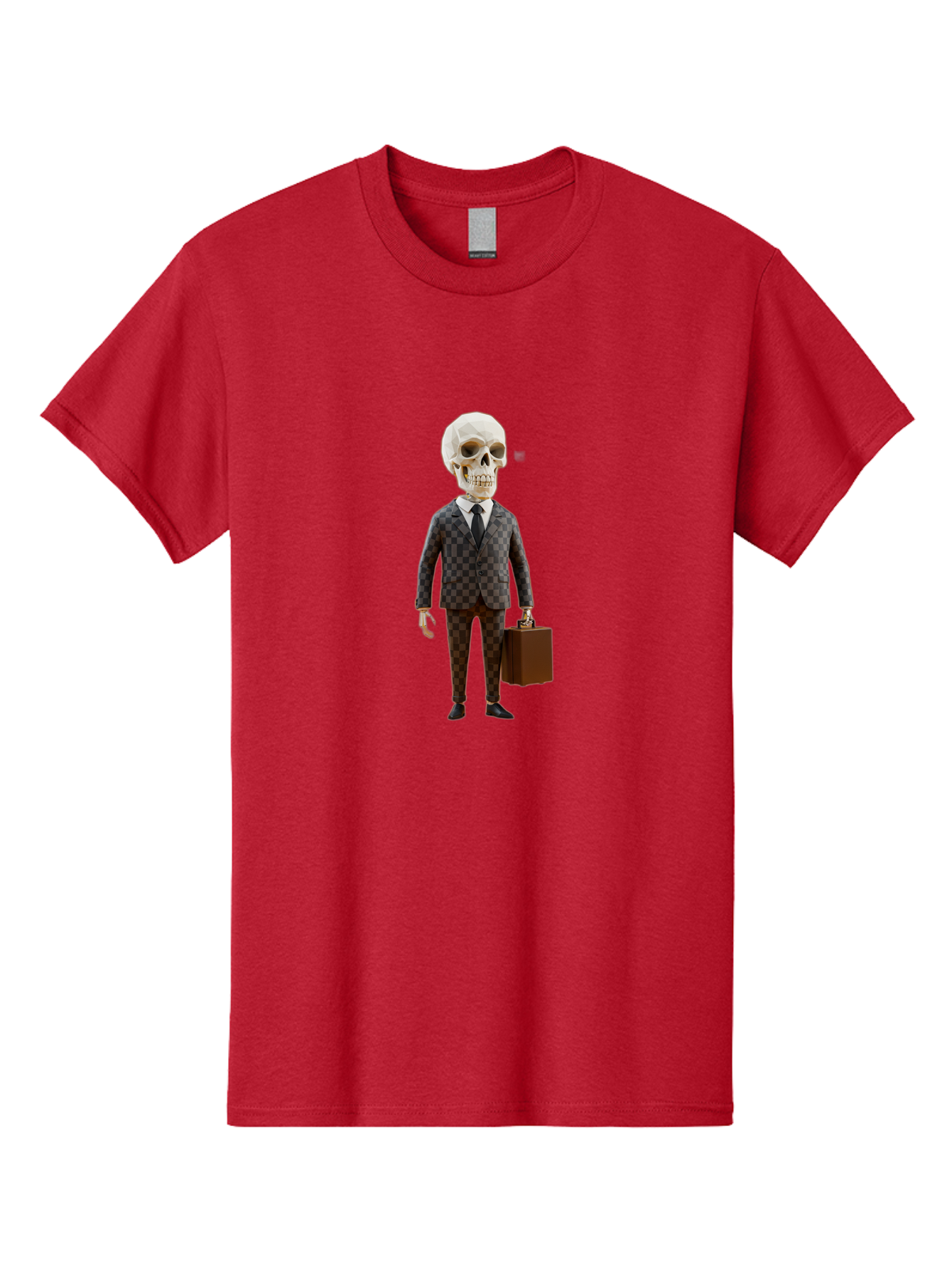 Skull-In-Suit-2 Men'S Graphic Tee, 100% Cotton, Comfortable Casual Summer Wear, Machine Washable, Skeleton In Business Attire, Checkered Suit, Briefcase, Black Tie, White Shirt, Formal Wear, Spooky Skeleton, Business Professional, Bad591 15