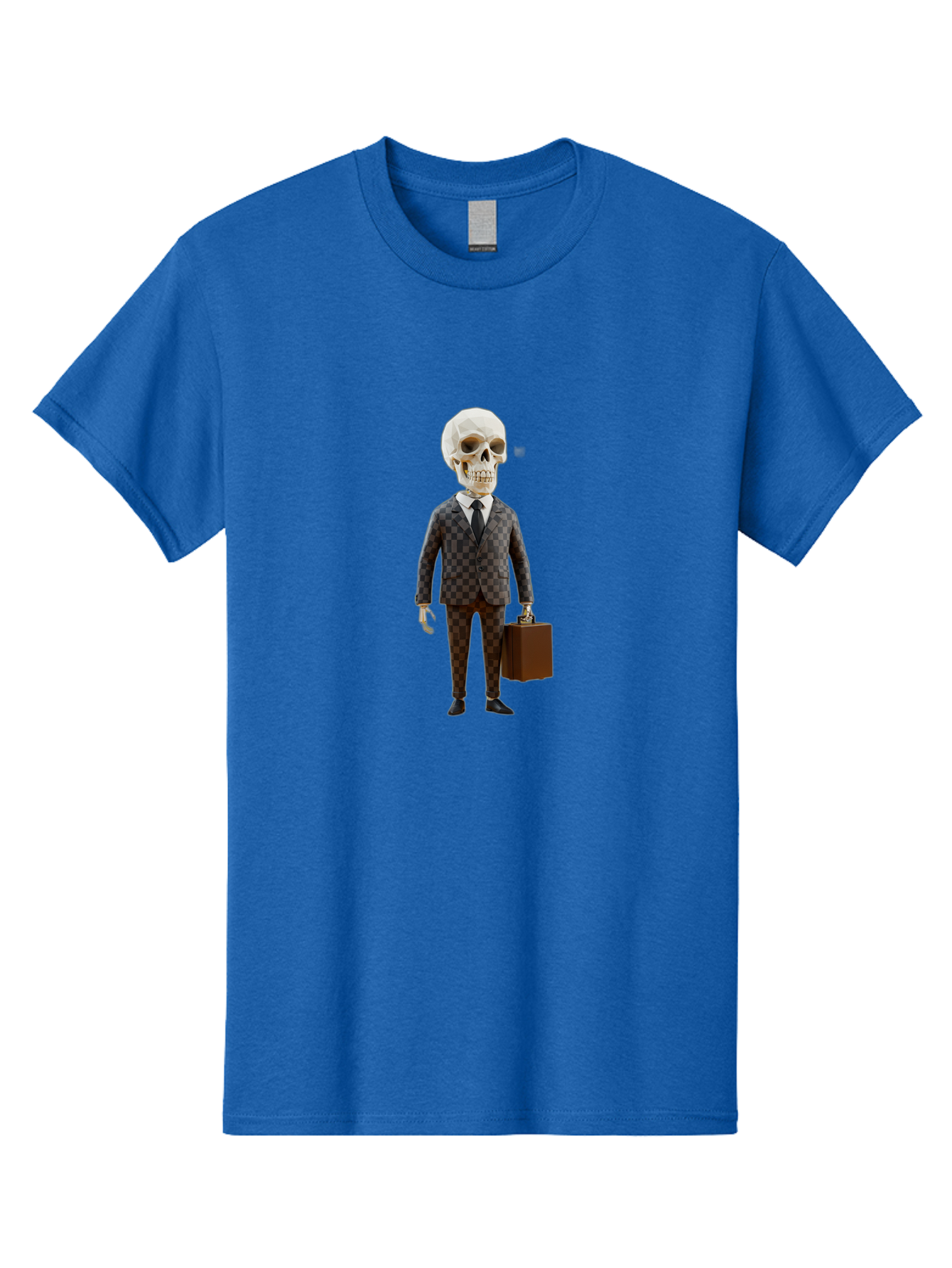 Skull-In-Suit-2 Men'S Graphic Tee, 100% Cotton, Comfortable Casual Summer Wear, Machine Washable, Skeleton In Business Attire, Checkered Suit, Briefcase, Black Tie, White Shirt, Formal Wear, Spooky Skeleton, Business Professional, Bad591 3