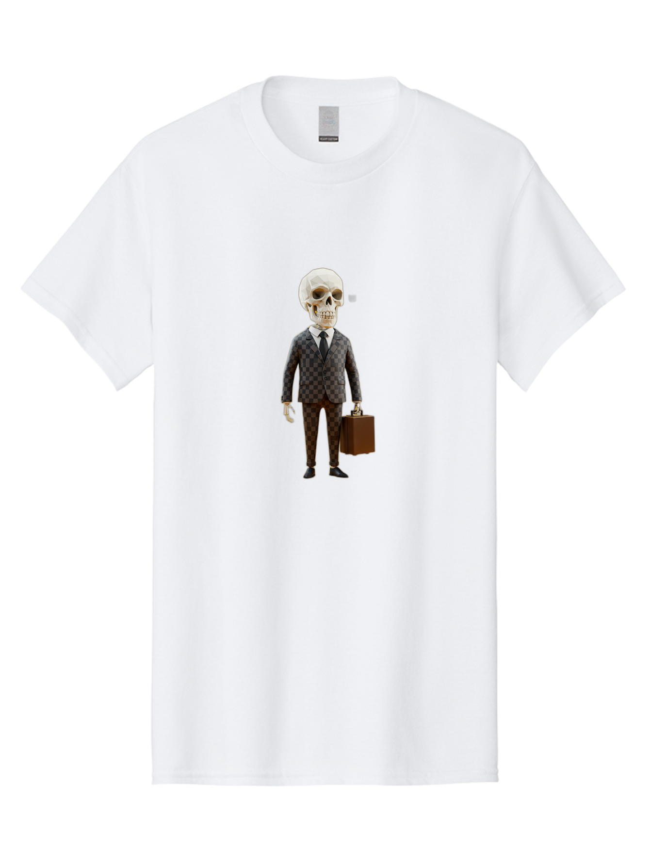 Skull-In-Suit-2 Men'S Graphic Tee, 100% Cotton, Comfortable Casual Summer Wear, Machine Washable, Skeleton In Business Attire, Checkered Suit, Briefcase, Black Tie, White Shirt, Formal Wear, Spooky Skeleton, Business Professional, Bad591 13