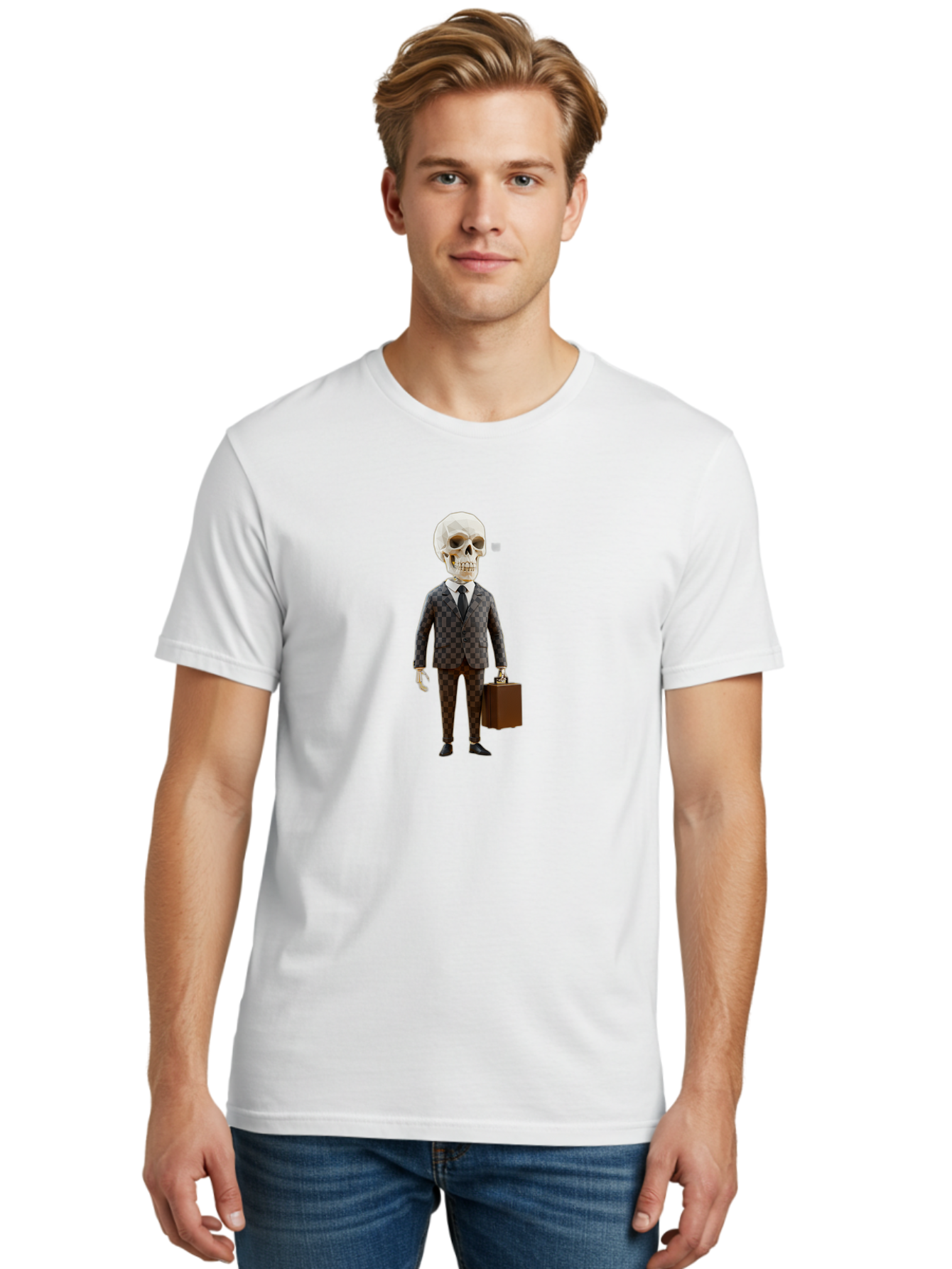 Skull-In-Suit-2 Men'S Graphic Tee, 100% Cotton, Comfortable Casual Summer Wear, Machine Washable, Skeleton In Business Attire, Checkered Suit, Briefcase, Black Tie, White Shirt, Formal Wear, Spooky Skeleton, Business Professional, Bad591 28
