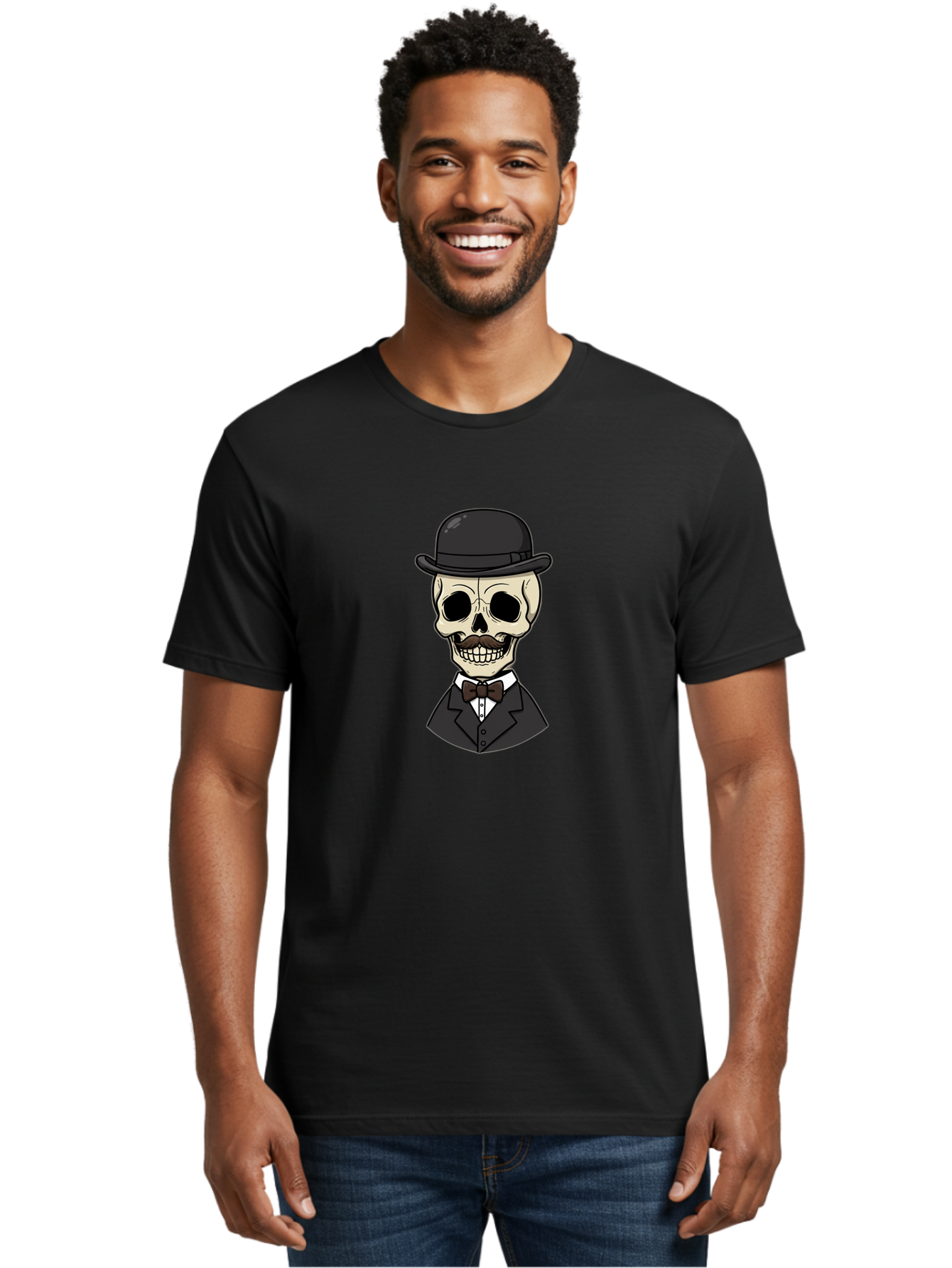Skull-In-Suit Men'S Graphic Tee, 100% Cotton, Comfortable Casual Summer Wear, Machine Washable, Cartoon Skull, Bowler Hat, Black Suit, Bow Tie, White Shirt, Death Style, Gothic Fashion, Spooky Character, Halloween Theme, Skeleton Illustration, Bad592 29