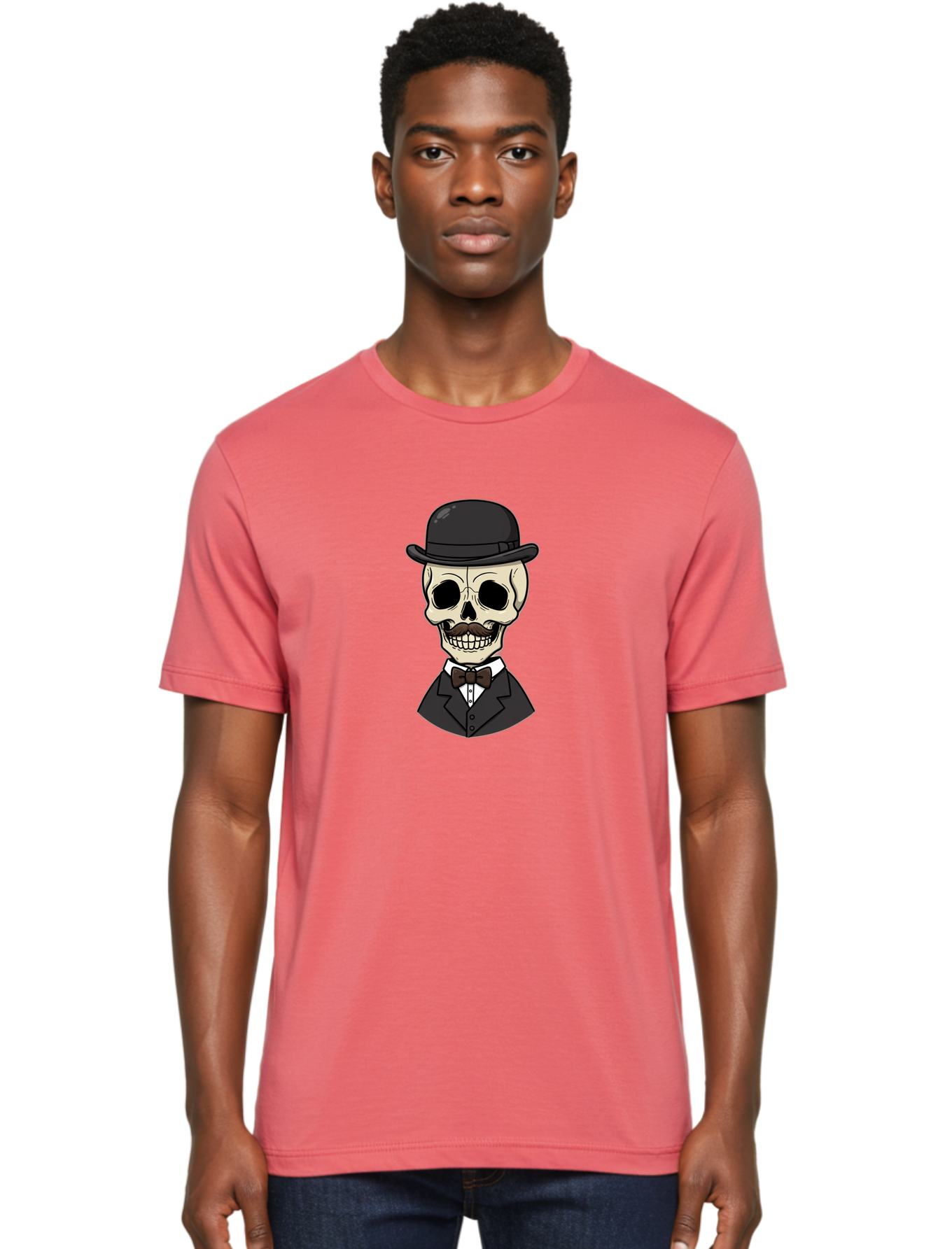 Skull-In-Suit Men'S Graphic Tee, 100% Cotton, Comfortable Casual Summer Wear, Machine Washable, Cartoon Skull, Bowler Hat, Black Suit, Bow Tie, White Shirt, Death Style, Gothic Fashion, Spooky Character, Halloween Theme, Skeleton Illustration, Bad592 19