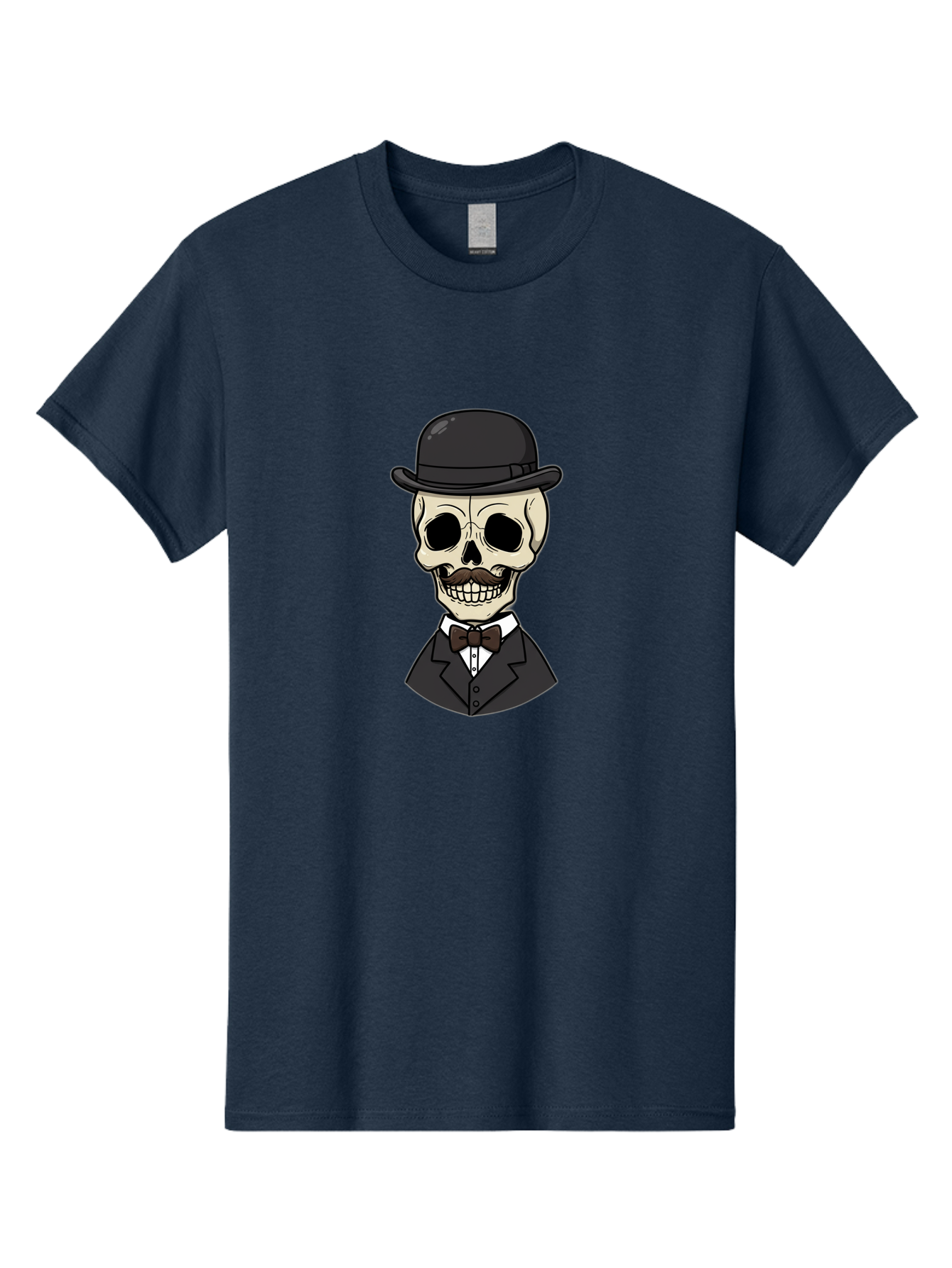 Skull-In-Suit Men'S Graphic Tee, 100% Cotton, Comfortable Casual Summer Wear, Machine Washable, Cartoon Skull, Bowler Hat, Black Suit, Bow Tie, White Shirt, Death Style, Gothic Fashion, Spooky Character, Halloween Theme, Skeleton Illustration, Bad592 13
