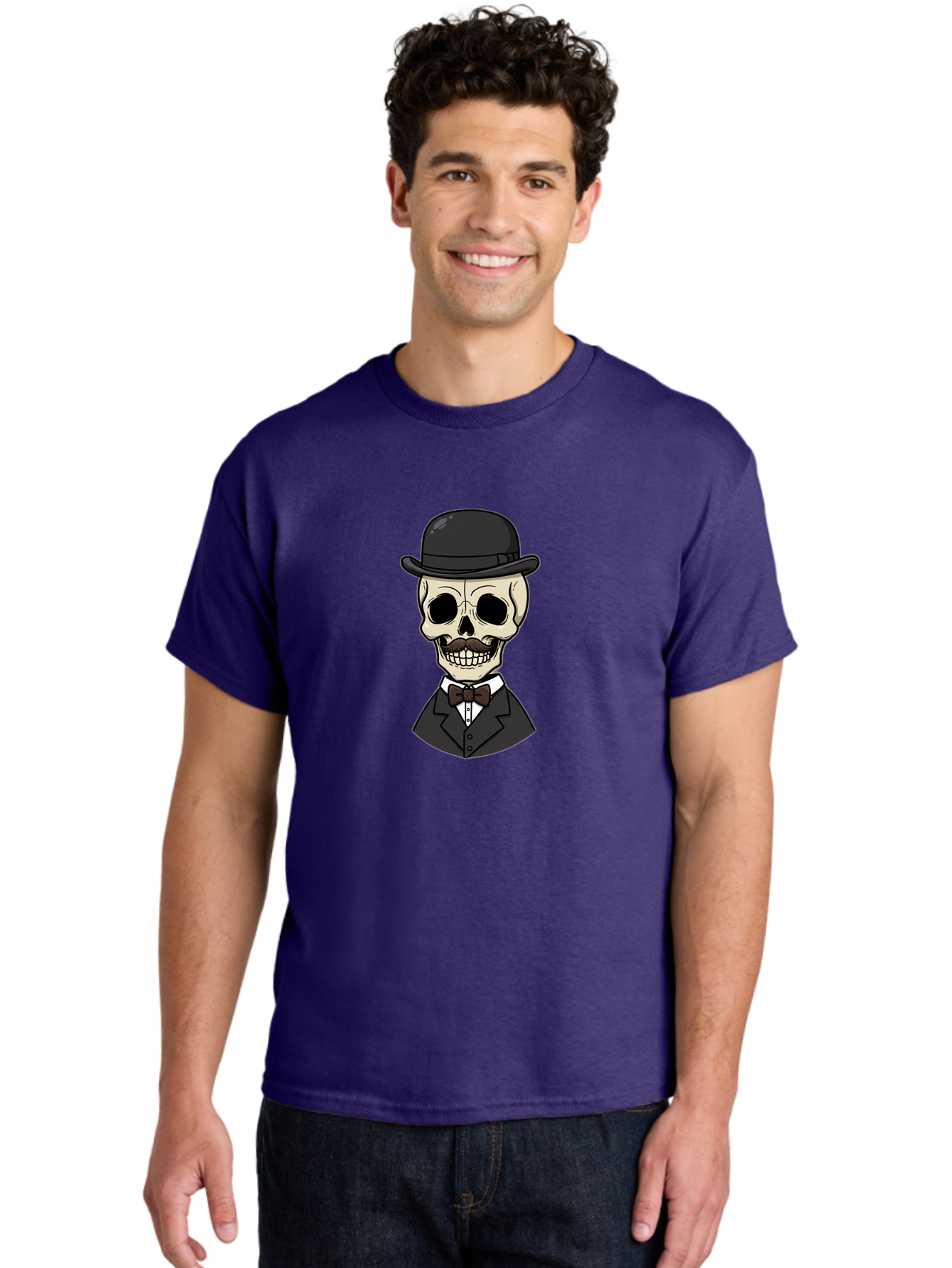 Skull-In-Suit Men'S Graphic Tee, 100% Cotton, Comfortable Casual Summer Wear, Machine Washable, Cartoon Skull, Bowler Hat, Black Suit, Bow Tie, White Shirt, Death Style, Gothic Fashion, Spooky Character, Halloween Theme, Skeleton Illustration, Bad592 16