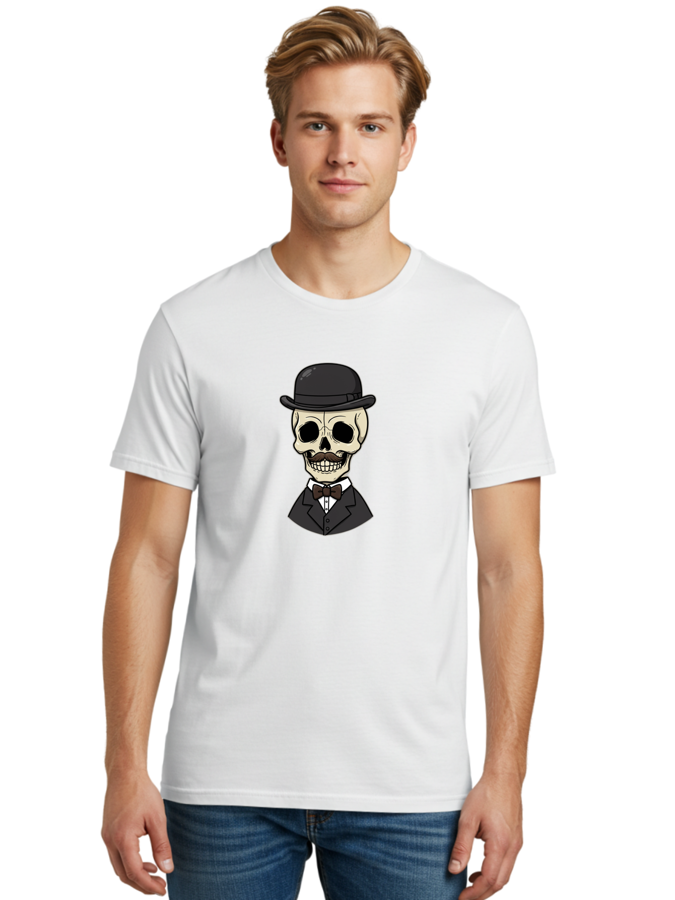 Skull-In-Suit Men'S Graphic Tee, 100% Cotton, Comfortable Casual Summer Wear, Machine Washable, Cartoon Skull, Bowler Hat, Black Suit, Bow Tie, White Shirt, Death Style, Gothic Fashion, Spooky Character, Halloween Theme, Skeleton Illustration, Bad592 17