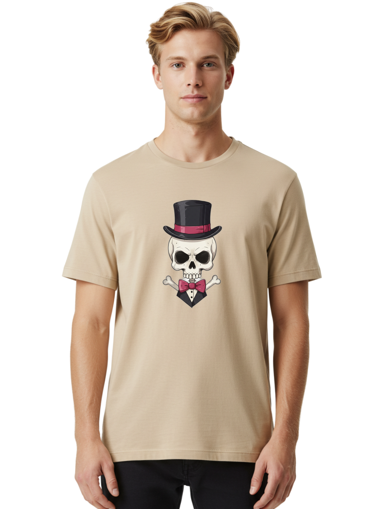 Skull-In-Top-Hat Men'S Graphic Tee, 100% Cotton, Comfortable Casual Summer Wear, Machine Washable, Skull, Crossbones, Top Hat, Bow Tie, Tuxedo, Formal Attire, Spooky, Halloween, Gothic Style, Dark Elegance, Macabre Charm Bad593 28