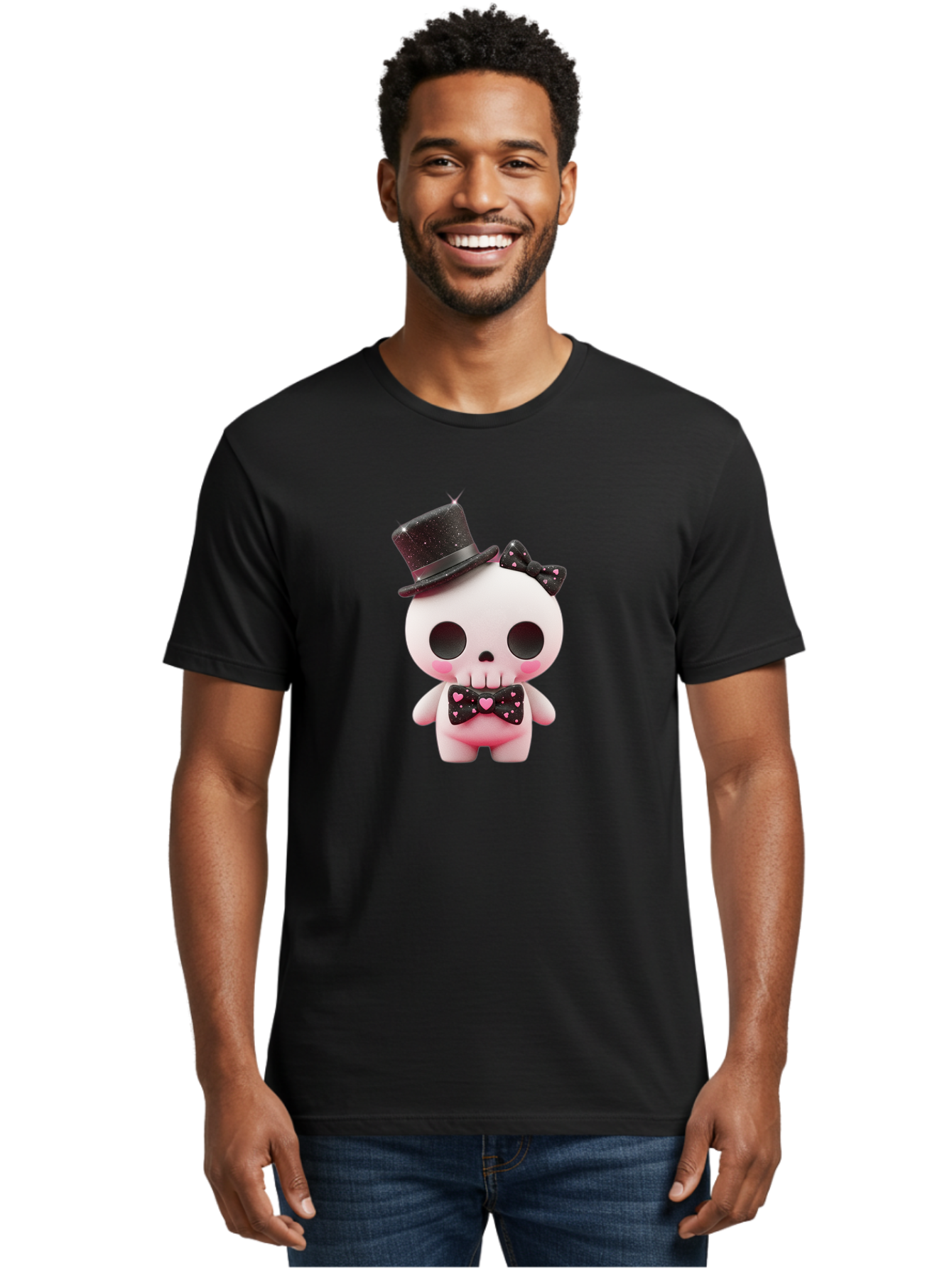 Skull-Kid Men'S Graphic Tee, 100% Cotton, Comfortable Casual Summer Wear, Machine Washable, Cute Skeleton Toy, Day Of The Dead Decoration, Sugar Skull Figurine, Black Top Hat, Bow Tie With Hearts, Pastel Colors, Quirky Collectible, Bad594 27