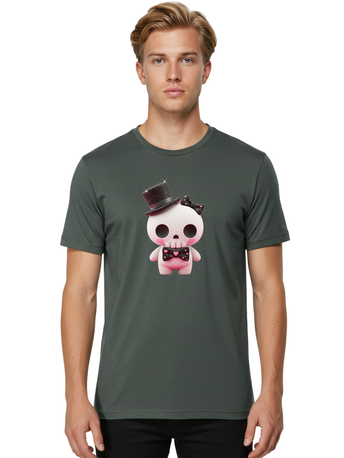 Skull-Kid Men'S Graphic Tee, 100% Cotton, Comfortable Casual Summer Wear, Machine Washable, Cute Skeleton Toy, Day Of The Dead Decoration, Sugar Skull Figurine, Black Top Hat, Bow Tie With Hearts, Pastel Colors, Quirky Collectible, Bad594 24