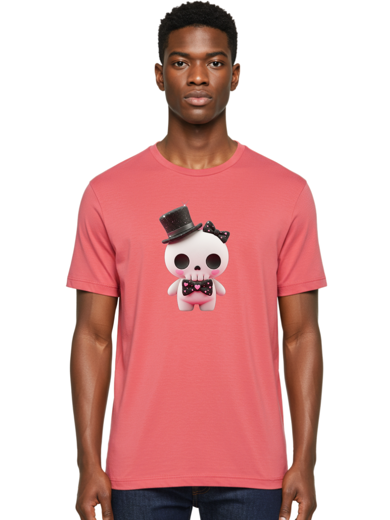 Skull-Kid Men'S Graphic Tee, 100% Cotton, Comfortable Casual Summer Wear, Machine Washable, Cute Skeleton Toy, Day Of The Dead Decoration, Sugar Skull Figurine, Black Top Hat, Bow Tie With Hearts, Pastel Colors, Quirky Collectible, Bad594 29