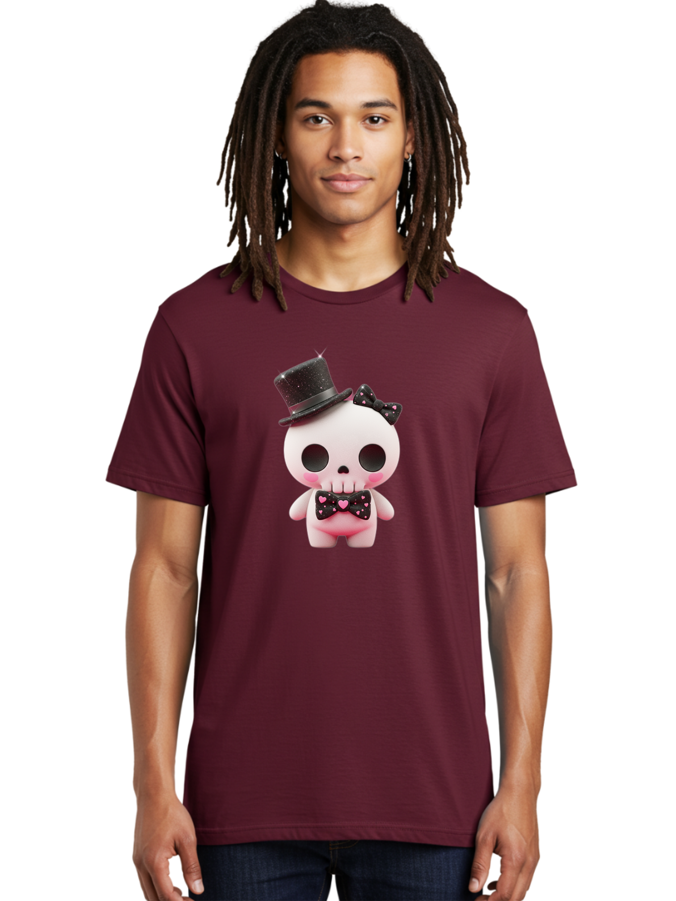 Skull-Kid Men'S Graphic Tee, 100% Cotton, Comfortable Casual Summer Wear, Machine Washable, Cute Skeleton Toy, Day Of The Dead Decoration, Sugar Skull Figurine, Black Top Hat, Bow Tie With Hearts, Pastel Colors, Quirky Collectible, Bad594 18
