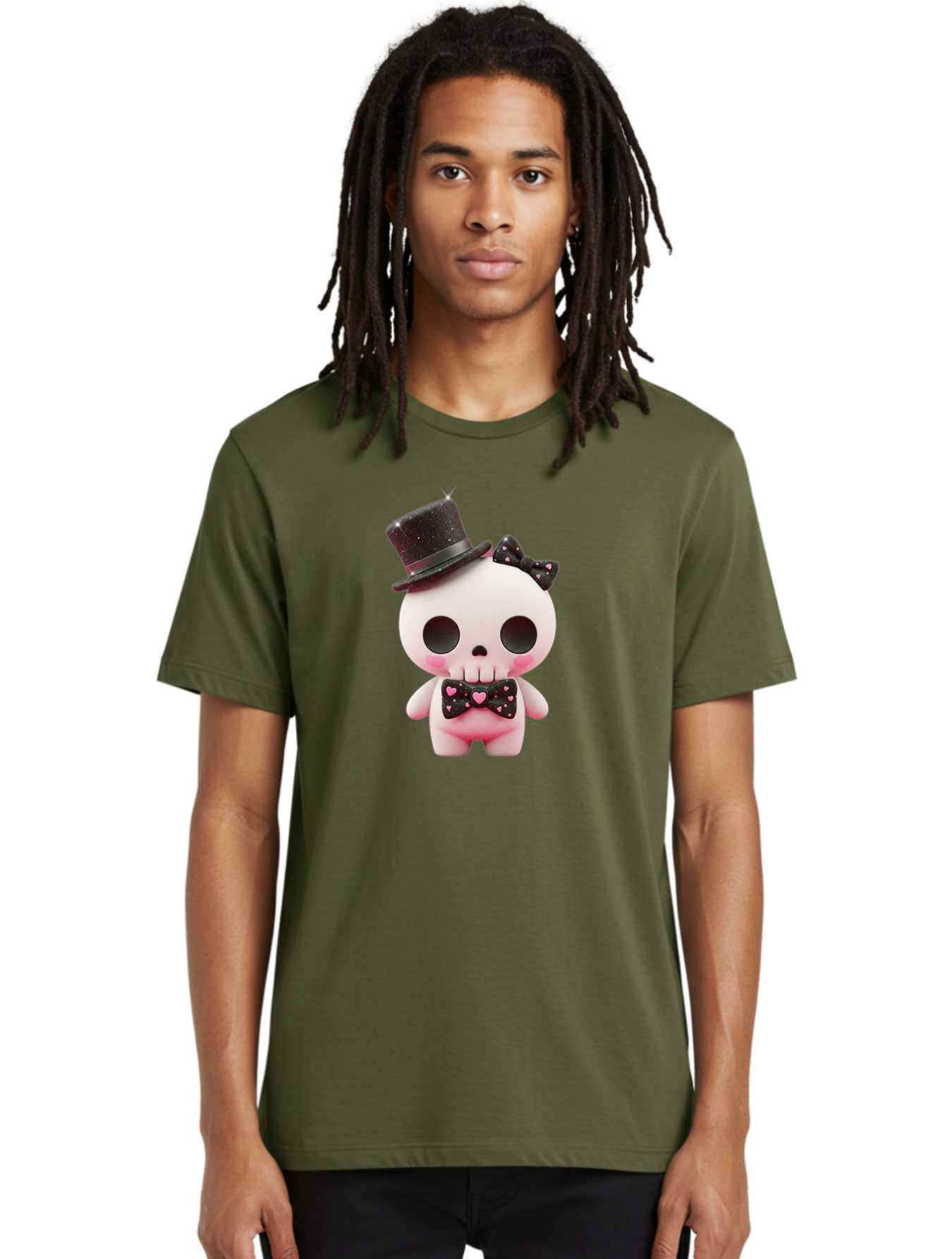 Skull-Kid Men'S Graphic Tee, 100% Cotton, Comfortable Casual Summer Wear, Machine Washable, Cute Skeleton Toy, Day Of The Dead Decoration, Sugar Skull Figurine, Black Top Hat, Bow Tie With Hearts, Pastel Colors, Quirky Collectible, Bad594 30