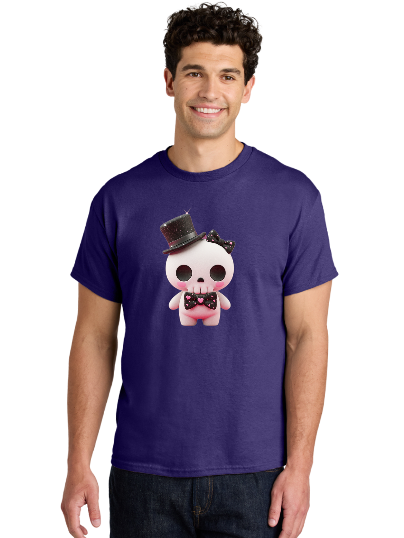 Skull-Kid Men'S Graphic Tee, 100% Cotton, Comfortable Casual Summer Wear, Machine Washable, Cute Skeleton Toy, Day Of The Dead Decoration, Sugar Skull Figurine, Black Top Hat, Bow Tie With Hearts, Pastel Colors, Quirky Collectible, Bad594 25