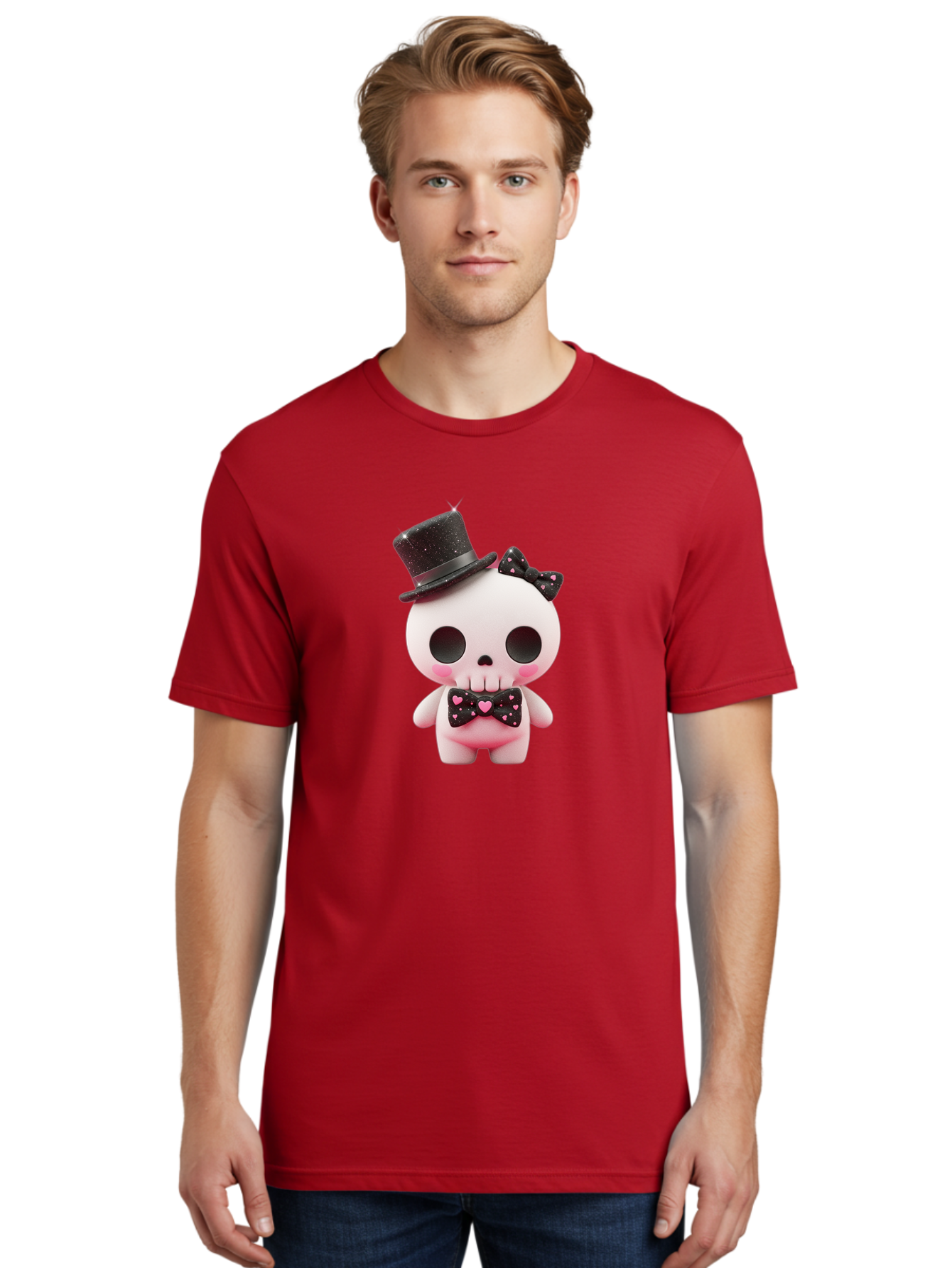 Skull-Kid Men'S Graphic Tee, 100% Cotton, Comfortable Casual Summer Wear, Machine Washable, Cute Skeleton Toy, Day Of The Dead Decoration, Sugar Skull Figurine, Black Top Hat, Bow Tie With Hearts, Pastel Colors, Quirky Collectible, Bad594 17