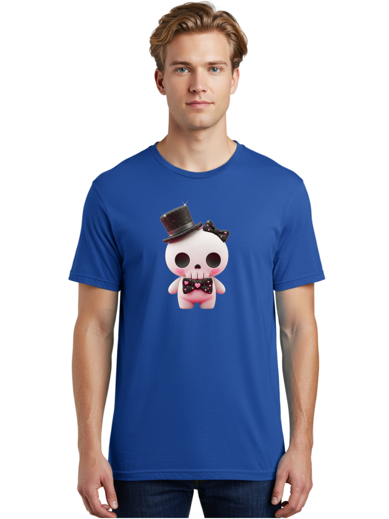 Skull-Kid Men'S Graphic Tee, 100% Cotton, Comfortable Casual Summer Wear, Machine Washable, Cute Skeleton Toy, Day Of The Dead Decoration, Sugar Skull Figurine, Black Top Hat, Bow Tie With Hearts, Pastel Colors, Quirky Collectible, Bad594 21