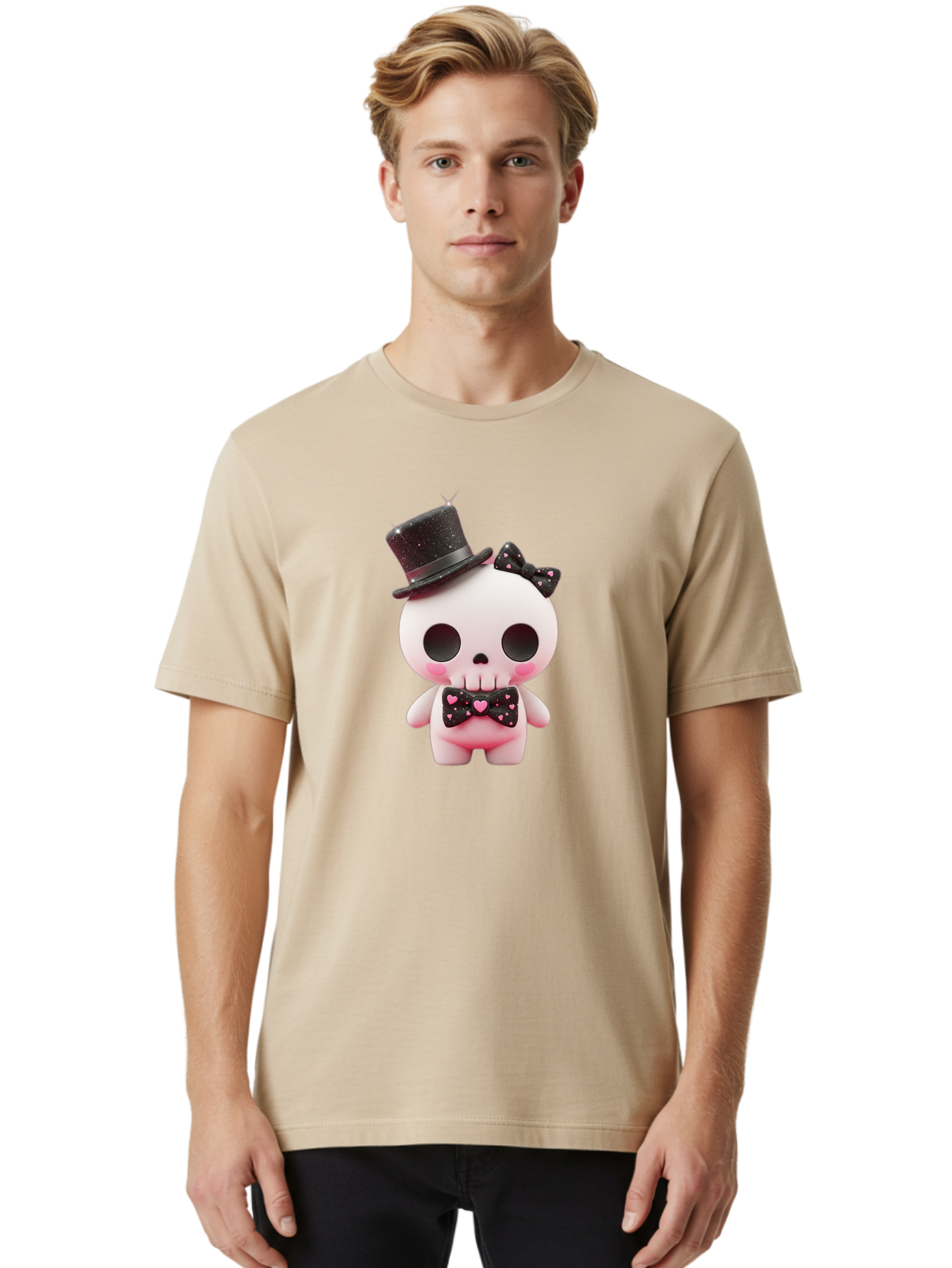 Skull-Kid Men'S Graphic Tee, 100% Cotton, Comfortable Casual Summer Wear, Machine Washable, Cute Skeleton Toy, Day Of The Dead Decoration, Sugar Skull Figurine, Black Top Hat, Bow Tie With Hearts, Pastel Colors, Quirky Collectible, Bad594 22
