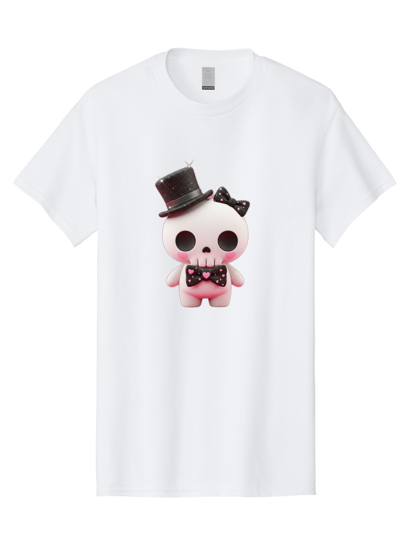 Skull-Kid Men'S Graphic Tee, 100% Cotton, Comfortable Casual Summer Wear, Machine Washable, Cute Skeleton Toy, Day Of The Dead Decoration, Sugar Skull Figurine, Black Top Hat, Bow Tie With Hearts, Pastel Colors, Quirky Collectible, Bad594 1