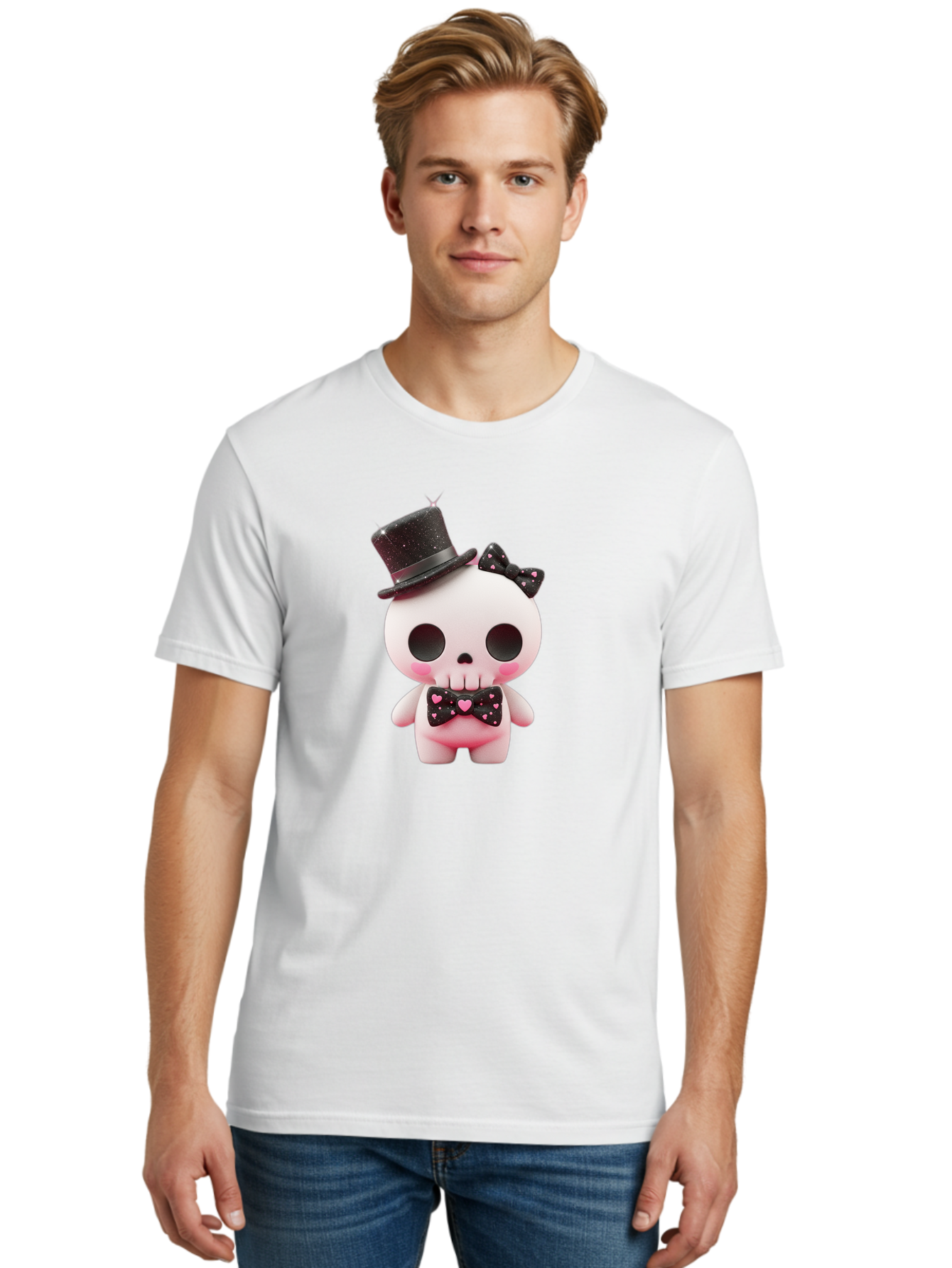 Skull-Kid Men'S Graphic Tee, 100% Cotton, Comfortable Casual Summer Wear, Machine Washable, Cute Skeleton Toy, Day Of The Dead Decoration, Sugar Skull Figurine, Black Top Hat, Bow Tie With Hearts, Pastel Colors, Quirky Collectible, Bad594 16