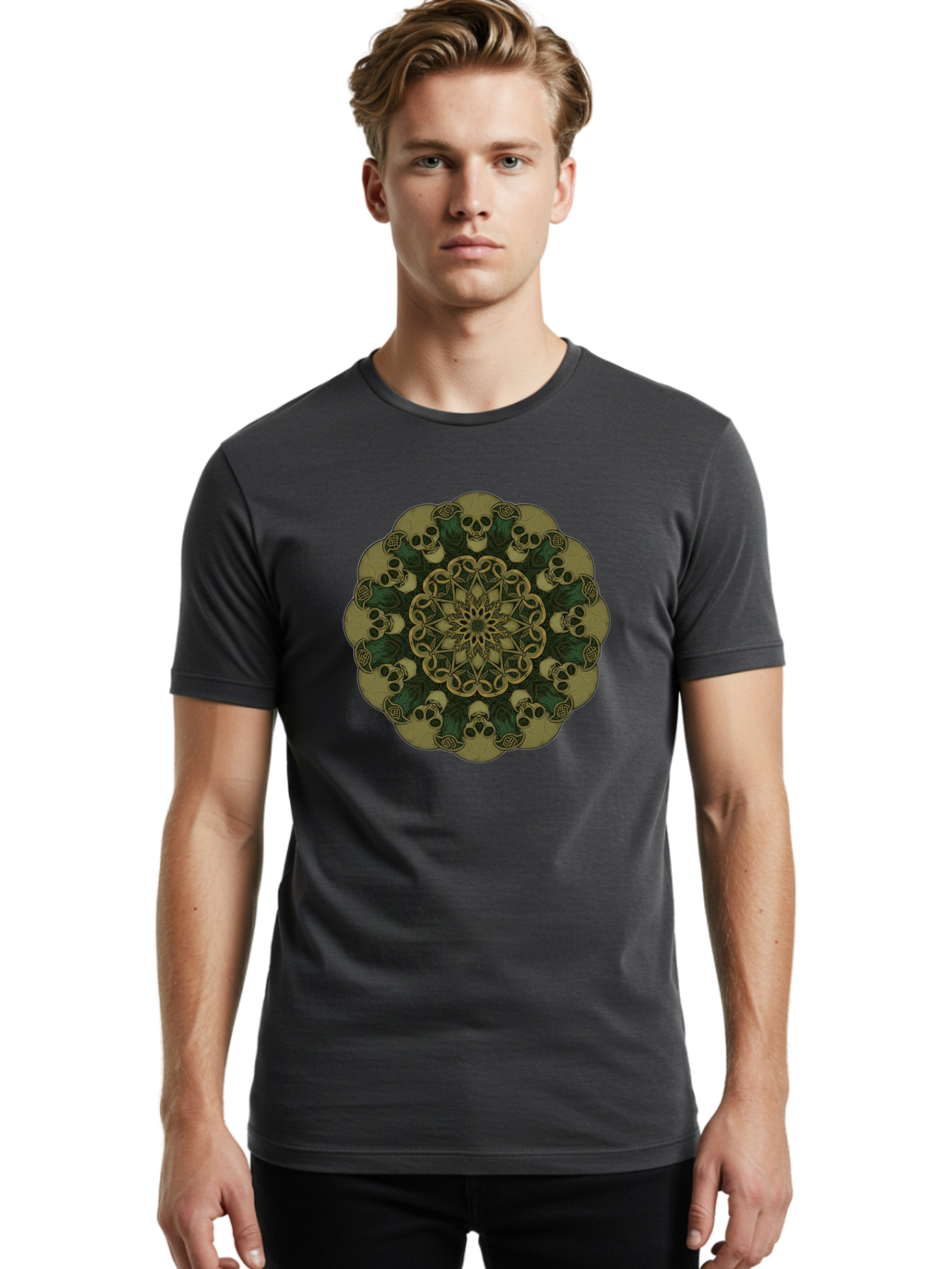 Skull-Mandala-1 Men'S Graphic Tee, 100% Cotton, Comfortable Casual Summer Wear, Machine Washable, Skull Mandala, Intricate Design, Mystic Symbols, Gothic Art, Skulls, Mandala Pattern, Mystical Imagery, Symbolic Art, Dark Mysticism Bad595 24