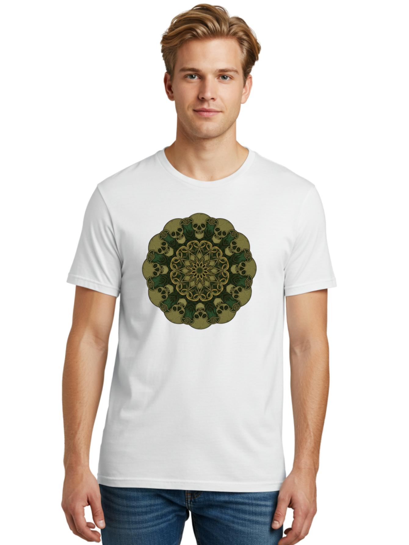 Skull-Mandala-1 Men'S Graphic Tee, 100% Cotton, Comfortable Casual Summer Wear, Machine Washable, Skull Mandala, Intricate Design, Mystic Symbols, Gothic Art, Skulls, Mandala Pattern, Mystical Imagery, Symbolic Art, Dark Mysticism Bad595 19