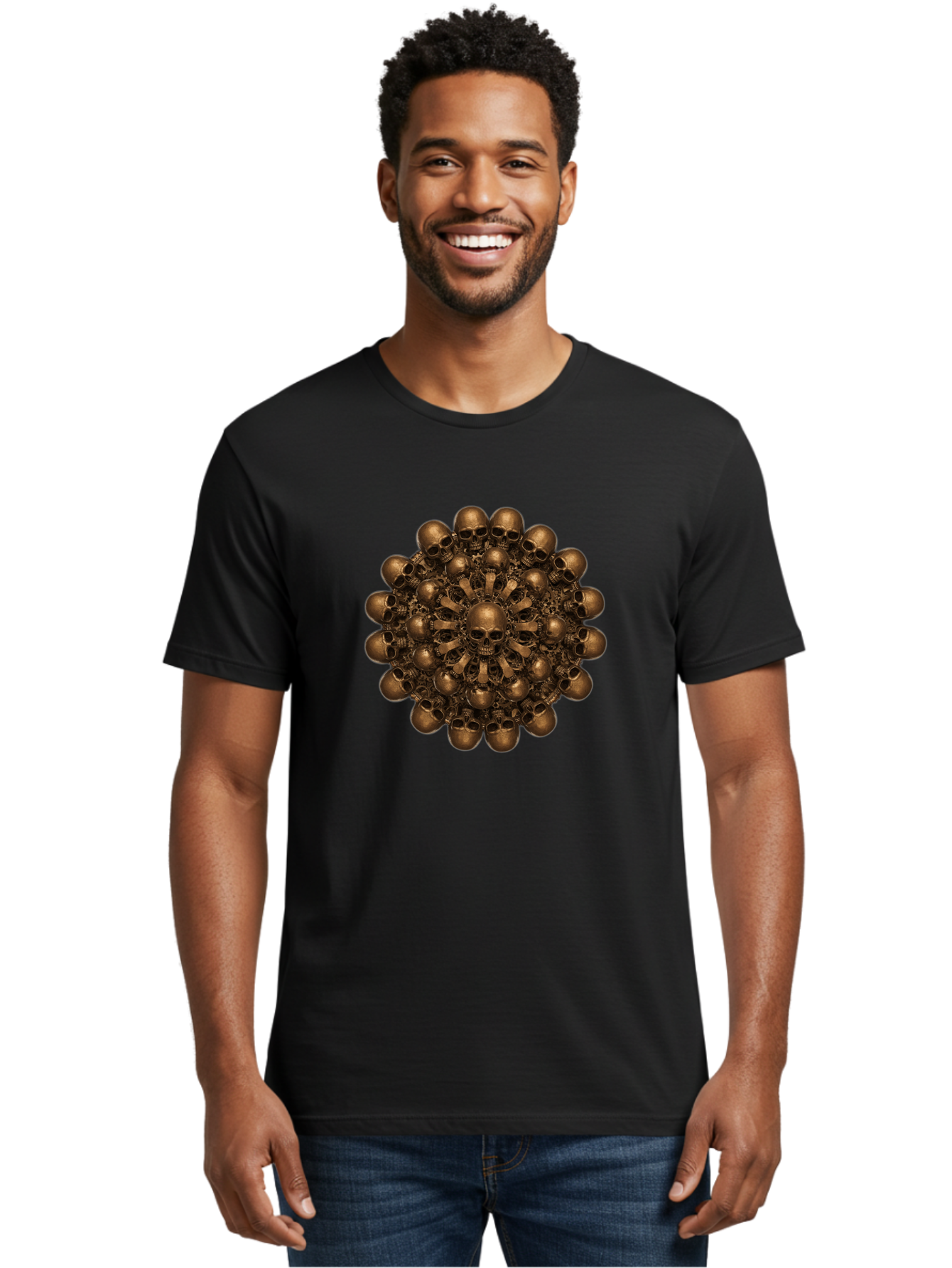 Skull-Mandala-2 Men'S Graphic Tee, 100% Cotton, Comfortable Casual Summer Wear, Machine Washable, Mandala Design, Skull Art, Bronze Skulls, Intricate Pattern, Symmetrical Composition, Dark Art, Gothic Decor, Skull Motif, Mystical Symbolism Bad596 26