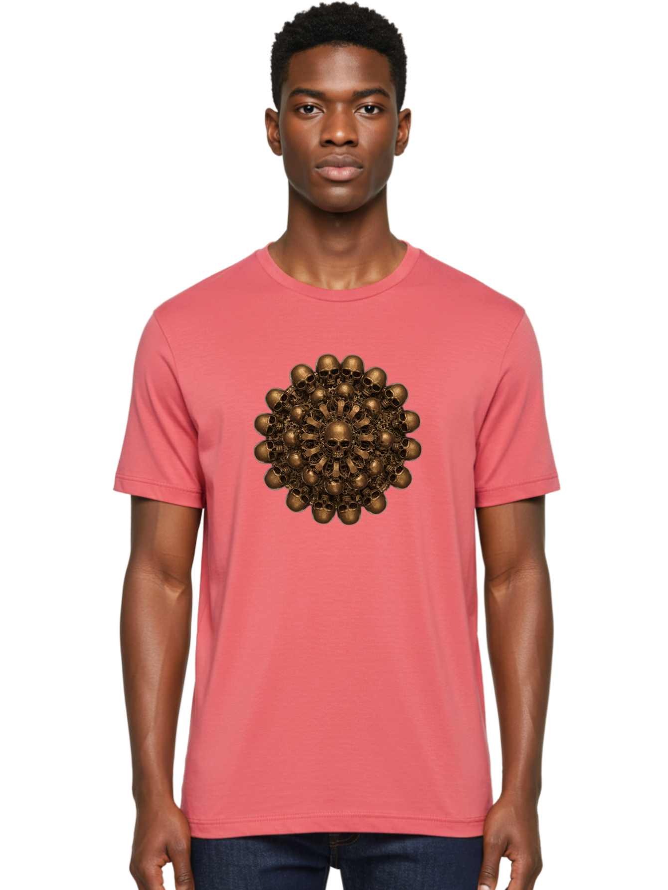 Skull-Mandala-2 Men'S Graphic Tee, 100% Cotton, Comfortable Casual Summer Wear, Machine Washable, Mandala Design, Skull Art, Bronze Skulls, Intricate Pattern, Symmetrical Composition, Dark Art, Gothic Decor, Skull Motif, Mystical Symbolism Bad596 24