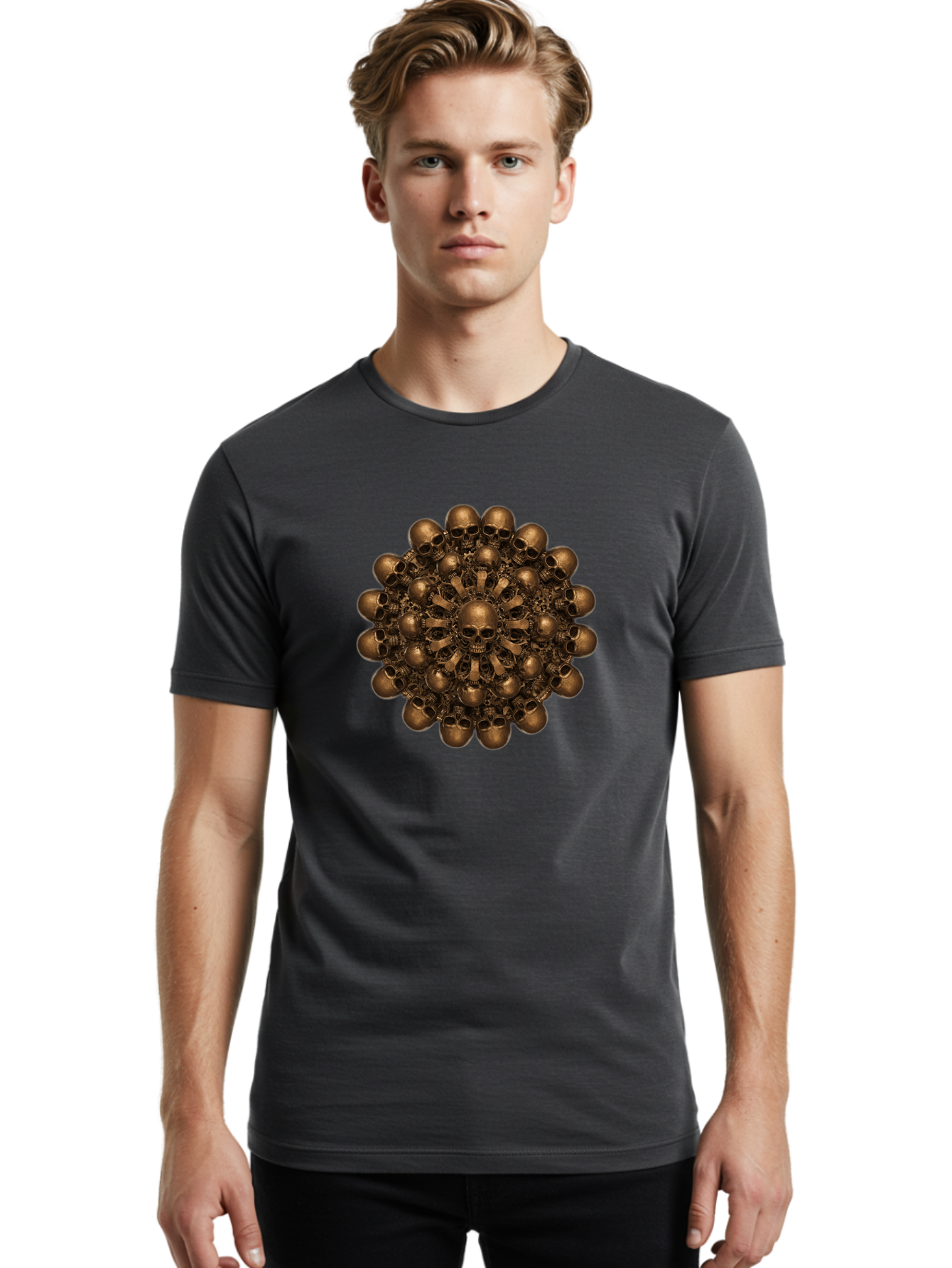 Skull-Mandala-2 Men'S Graphic Tee, 100% Cotton, Comfortable Casual Summer Wear, Machine Washable, Mandala Design, Skull Art, Bronze Skulls, Intricate Pattern, Symmetrical Composition, Dark Art, Gothic Decor, Skull Motif, Mystical Symbolism Bad596 25