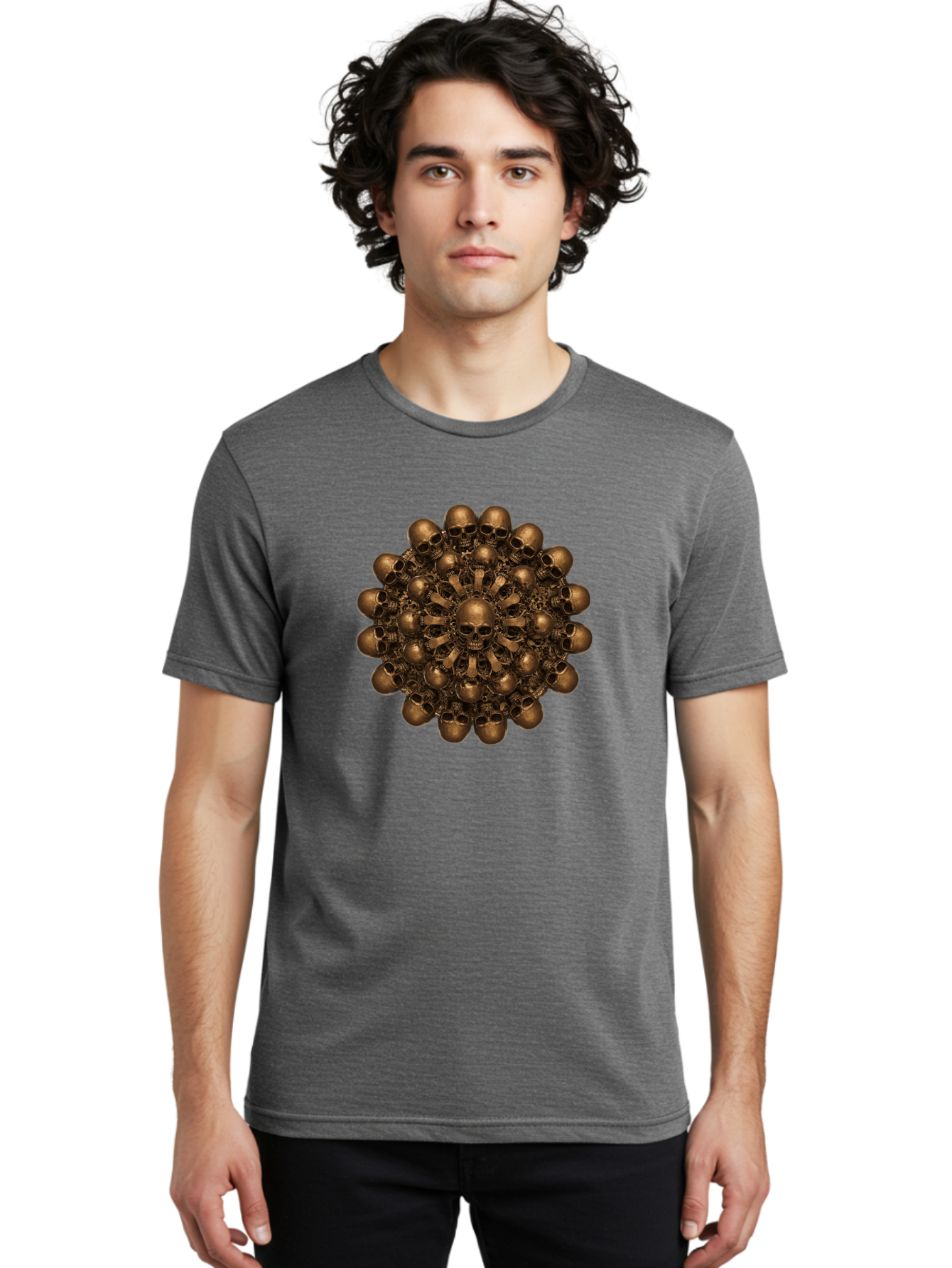 Skull-Mandala-2 Men'S Graphic Tee, 100% Cotton, Comfortable Casual Summer Wear, Machine Washable, Mandala Design, Skull Art, Bronze Skulls, Intricate Pattern, Symmetrical Composition, Dark Art, Gothic Decor, Skull Motif, Mystical Symbolism Bad596 20