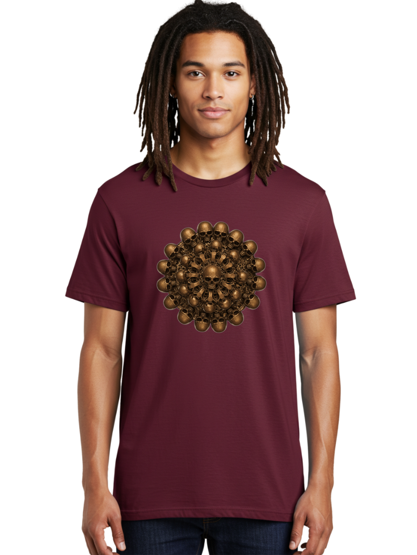Skull-Mandala-2 Men'S Graphic Tee, 100% Cotton, Comfortable Casual Summer Wear, Machine Washable, Mandala Design, Skull Art, Bronze Skulls, Intricate Pattern, Symmetrical Composition, Dark Art, Gothic Decor, Skull Motif, Mystical Symbolism Bad596 19