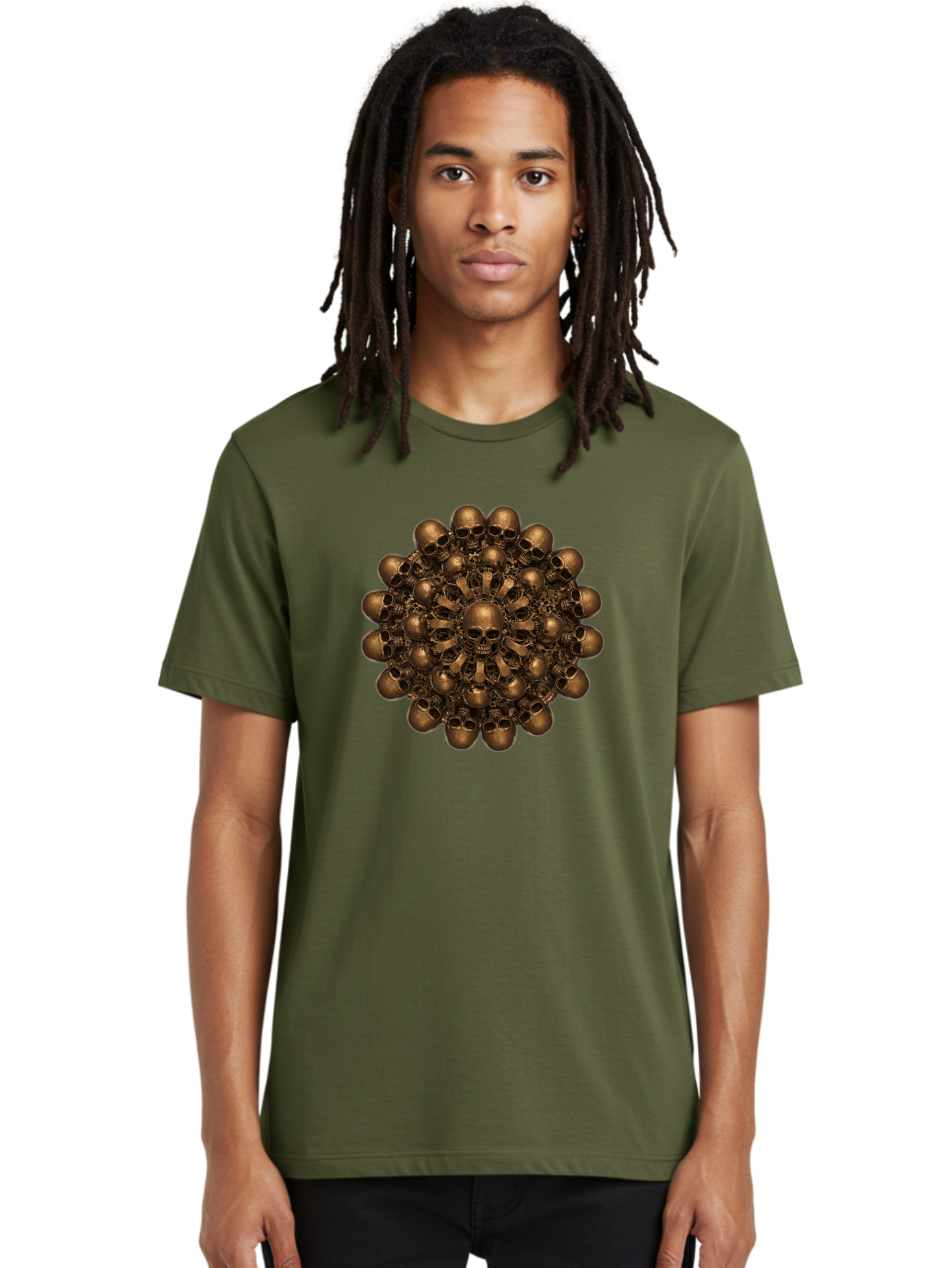 Skull-Mandala-2 Men'S Graphic Tee, 100% Cotton, Comfortable Casual Summer Wear, Machine Washable, Mandala Design, Skull Art, Bronze Skulls, Intricate Pattern, Symmetrical Composition, Dark Art, Gothic Decor, Skull Motif, Mystical Symbolism Bad596 28