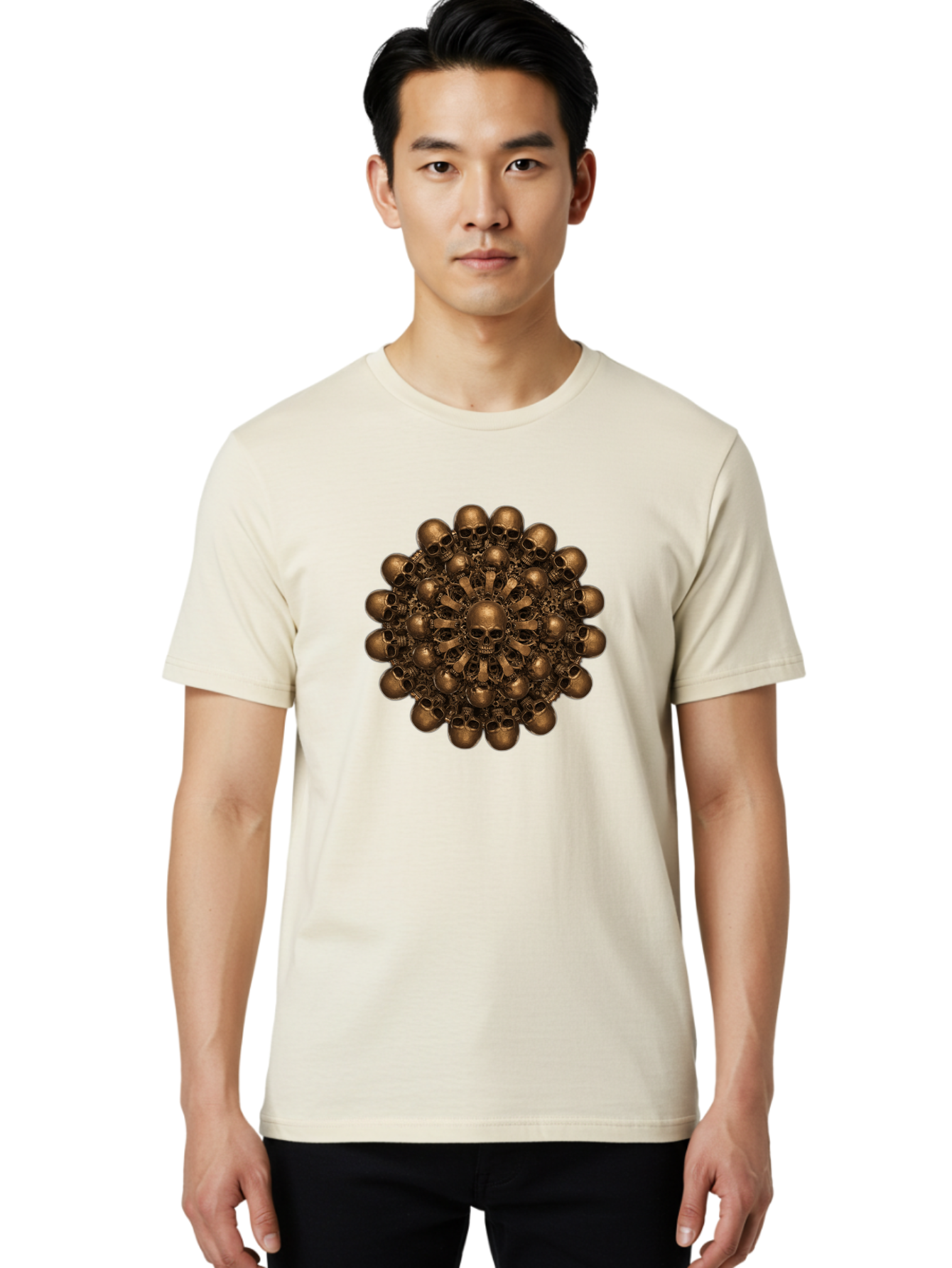 Skull-Mandala-2 Men'S Graphic Tee, 100% Cotton, Comfortable Casual Summer Wear, Machine Washable, Mandala Design, Skull Art, Bronze Skulls, Intricate Pattern, Symmetrical Composition, Dark Art, Gothic Decor, Skull Motif, Mystical Symbolism Bad596 23