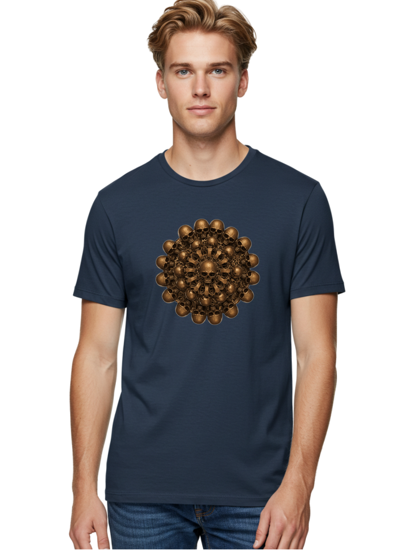 Skull-Mandala-2 Men'S Graphic Tee, 100% Cotton, Comfortable Casual Summer Wear, Machine Washable, Mandala Design, Skull Art, Bronze Skulls, Intricate Pattern, Symmetrical Composition, Dark Art, Gothic Decor, Skull Motif, Mystical Symbolism Bad596 16