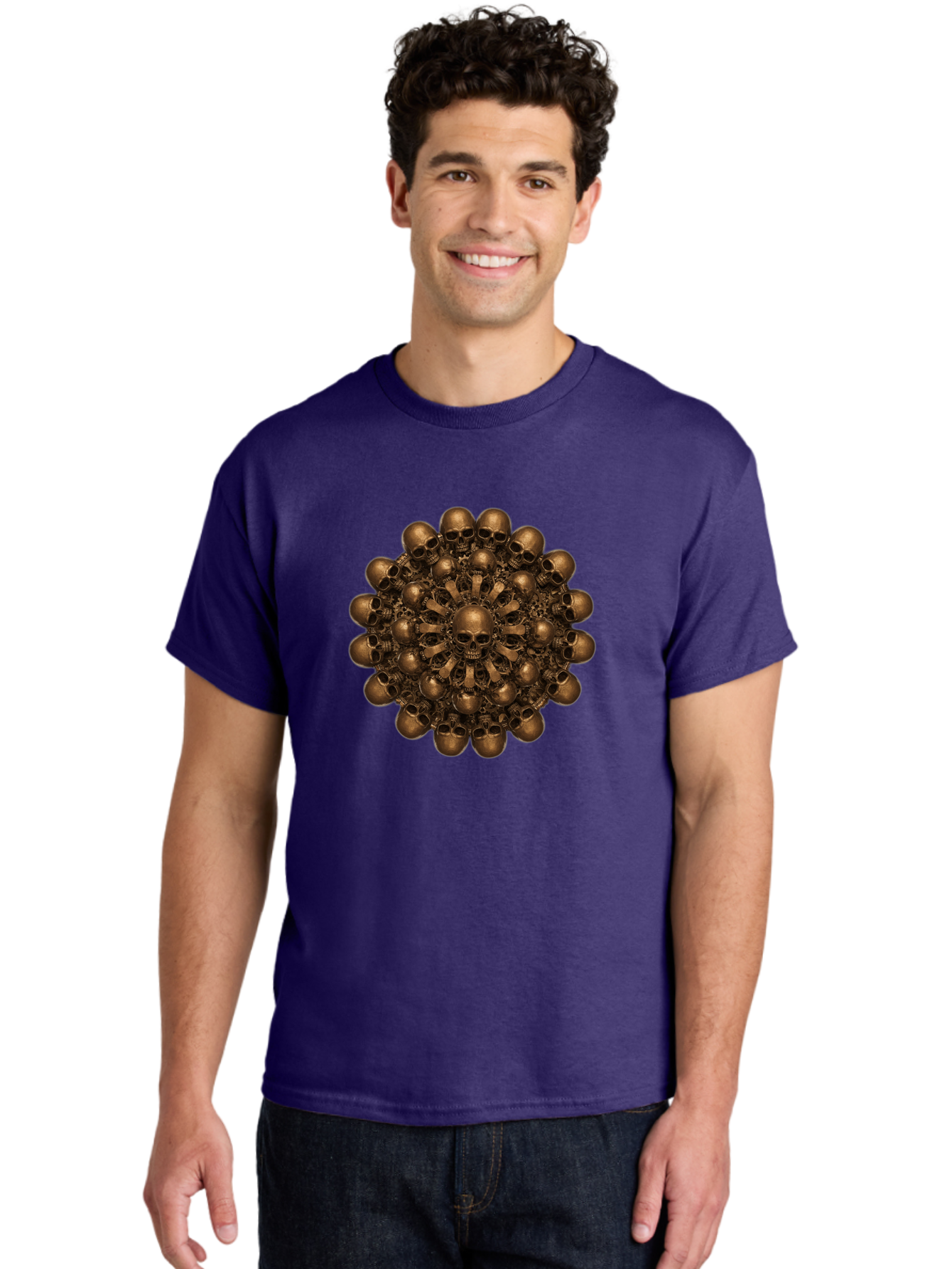 Skull-Mandala-2 Men'S Graphic Tee, 100% Cotton, Comfortable Casual Summer Wear, Machine Washable, Mandala Design, Skull Art, Bronze Skulls, Intricate Pattern, Symmetrical Composition, Dark Art, Gothic Decor, Skull Motif, Mystical Symbolism Bad596 30