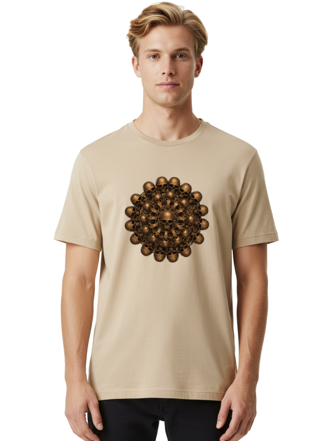 Skull-Mandala-2 Men'S Graphic Tee, 100% Cotton, Comfortable Casual Summer Wear, Machine Washable, Mandala Design, Skull Art, Bronze Skulls, Intricate Pattern, Symmetrical Composition, Dark Art, Gothic Decor, Skull Motif, Mystical Symbolism Bad596 27
