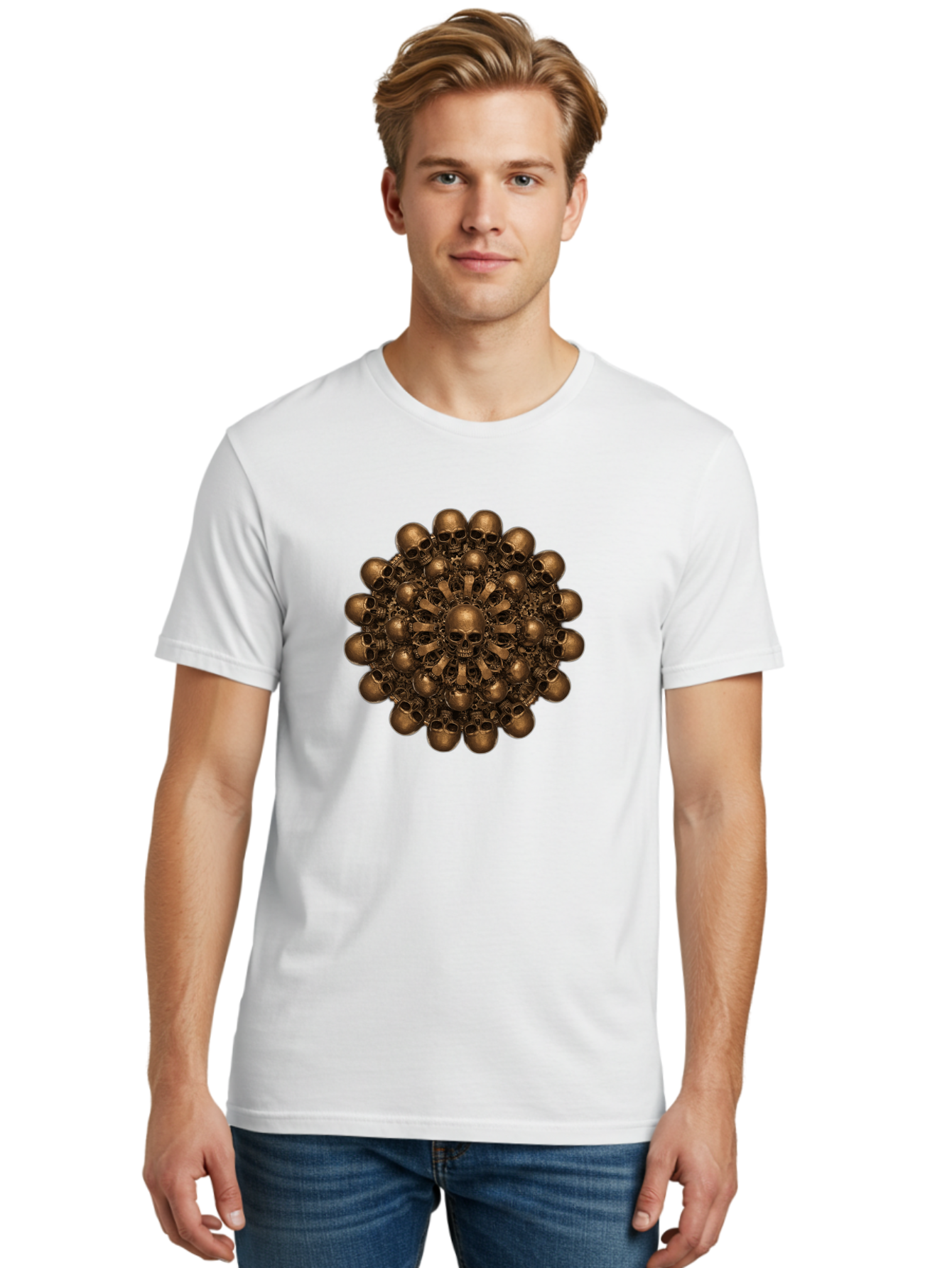 Skull-Mandala-2 Men'S Graphic Tee, 100% Cotton, Comfortable Casual Summer Wear, Machine Washable, Mandala Design, Skull Art, Bronze Skulls, Intricate Pattern, Symmetrical Composition, Dark Art, Gothic Decor, Skull Motif, Mystical Symbolism Bad596 17