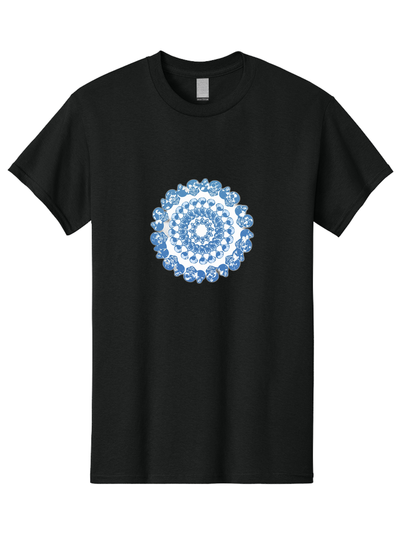 Skull-Mandala-3 Men'S Graphic Tee, 100% Cotton, Comfortable Casual Summer Wear, Machine Washable, Blue And White Mandala, Intricate Illustrations, Stylized Human Heads, Concentric Pattern, Abstract Artwork, Surrealism, Artistic Expression, Bad597 10
