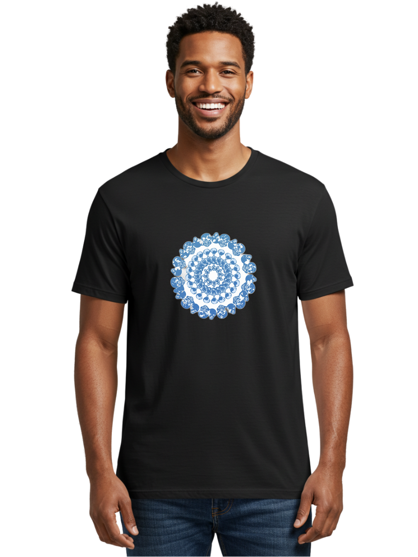 Skull-Mandala-3 Men'S Graphic Tee, 100% Cotton, Comfortable Casual Summer Wear, Machine Washable, Blue And White Mandala, Intricate Illustrations, Stylized Human Heads, Concentric Pattern, Abstract Artwork, Surrealism, Artistic Expression, Bad597 25