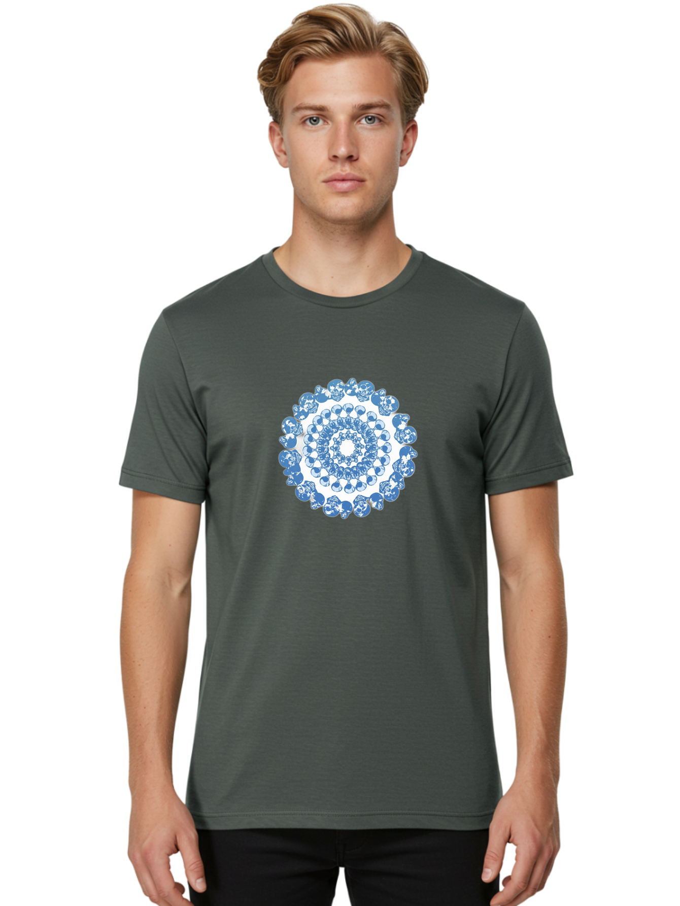 Skull-Mandala-3 Men'S Graphic Tee, 100% Cotton, Comfortable Casual Summer Wear, Machine Washable, Blue And White Mandala, Intricate Illustrations, Stylized Human Heads, Concentric Pattern, Abstract Artwork, Surrealism, Artistic Expression, Bad597 17