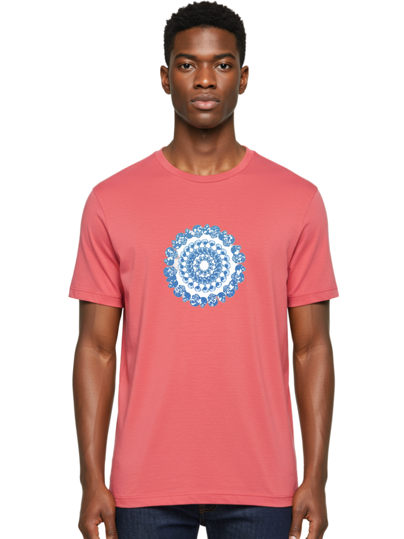 Skull-Mandala-3 Men'S Graphic Tee, 100% Cotton, Comfortable Casual Summer Wear, Machine Washable, Blue And White Mandala, Intricate Illustrations, Stylized Human Heads, Concentric Pattern, Abstract Artwork, Surrealism, Artistic Expression, Bad597 18